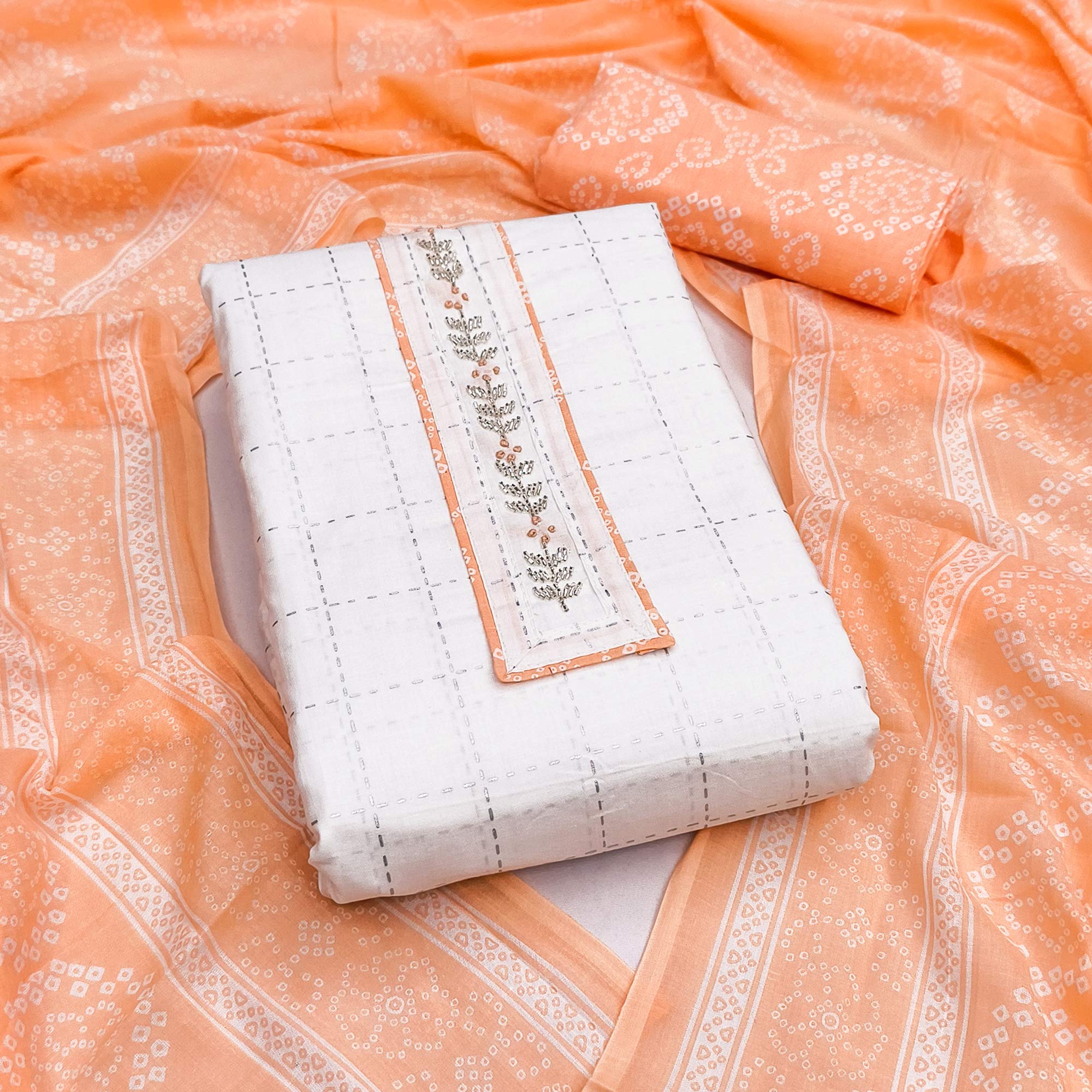 Elegant White & Orange Checks Printed Pure Cotton Dress Material With Delicate Handwork Accents