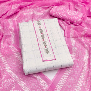 Elegant White & Pink Checks Printed Pure Cotton Dress Material With Delicate Handwork Accents