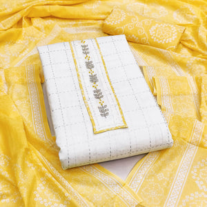 Elegant White & Yellow Checks Printed Pure Cotton Dress Material With Delicate Handwork Accents