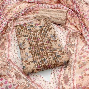 Beige Floral Printed With Sequins Embroidered Pure Cotton Dress Material
