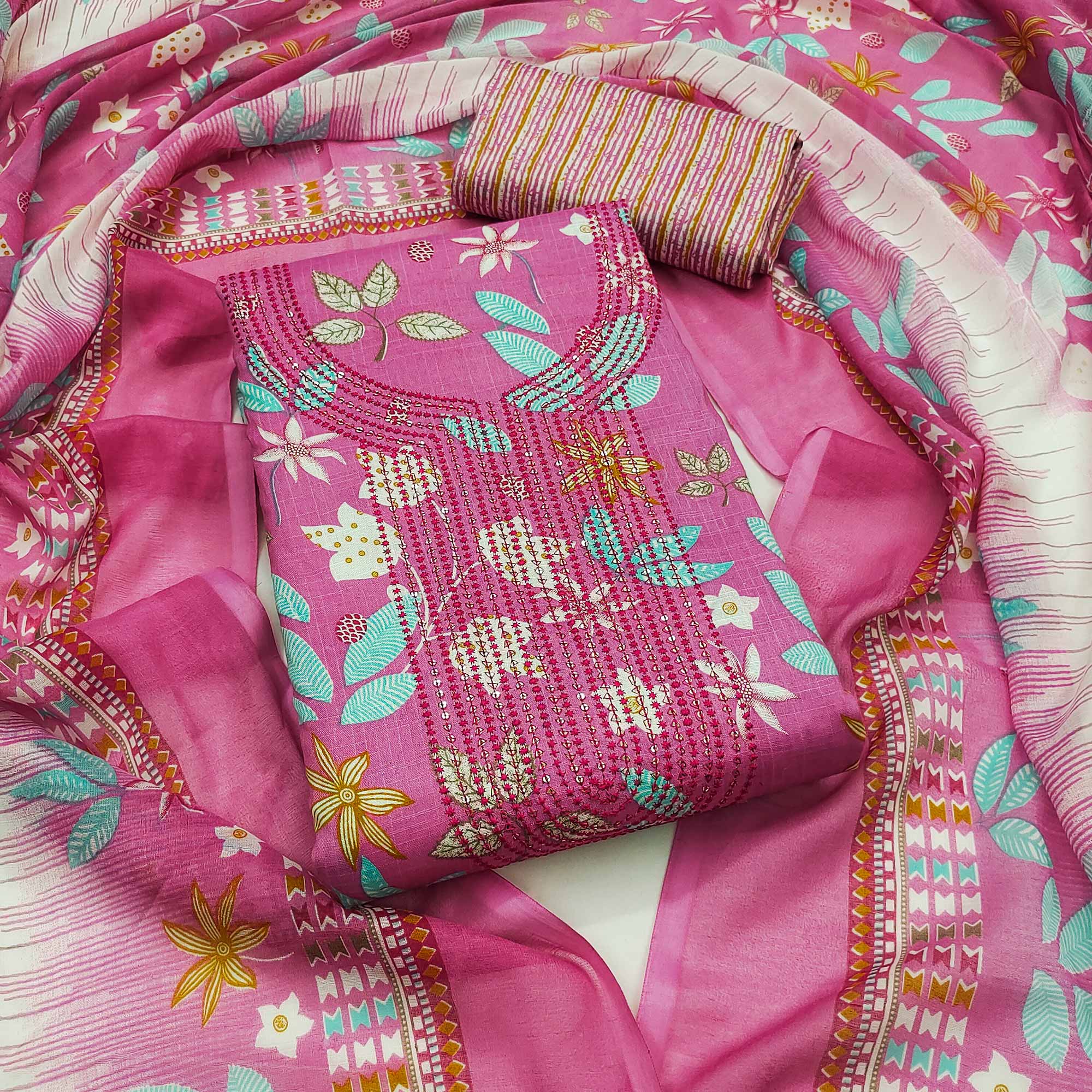 Pink Floral Printed With Sequins Embroidered Pure Cotton Dress Material