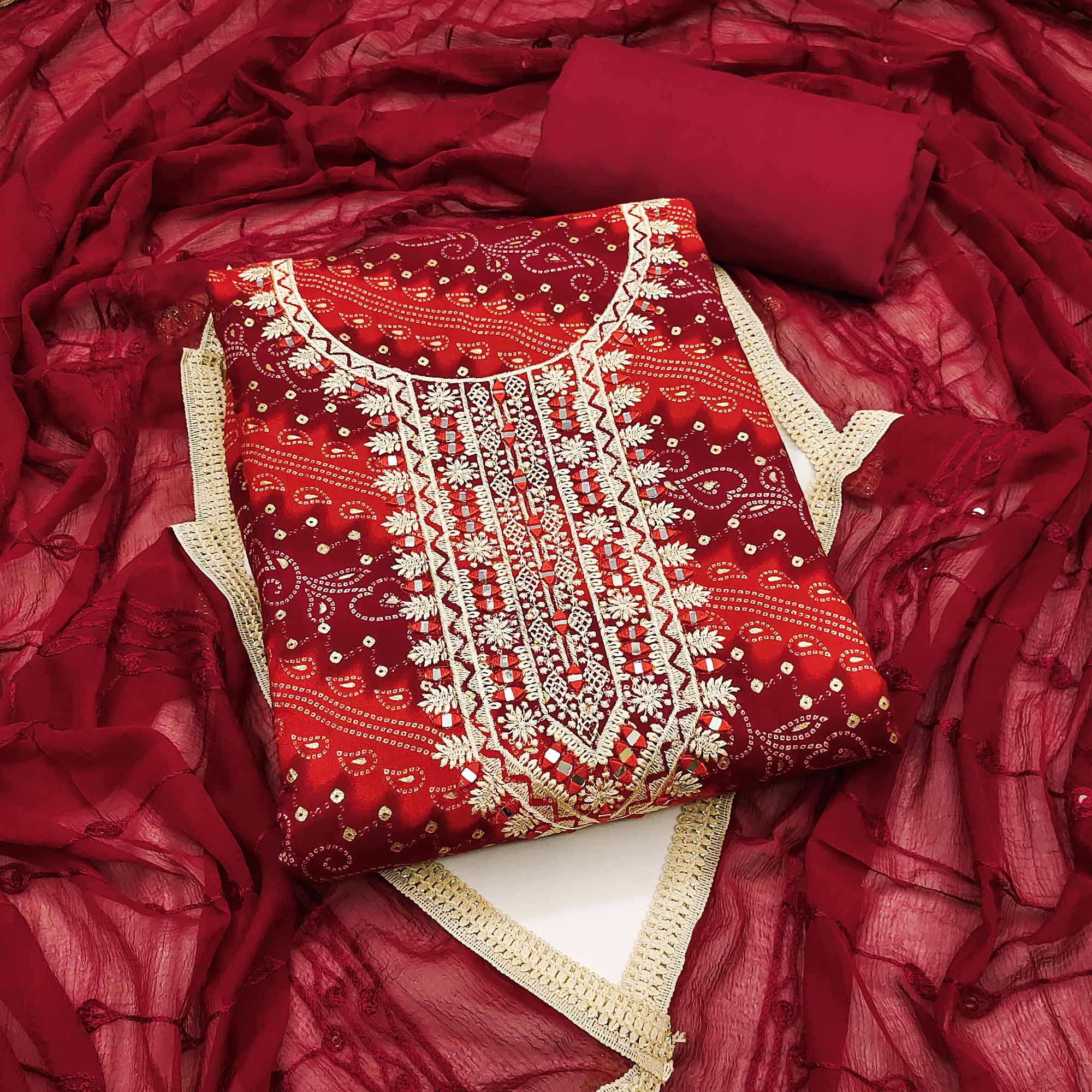 Maroon Bandhani Printed With Embroidered Rayon Dress Material