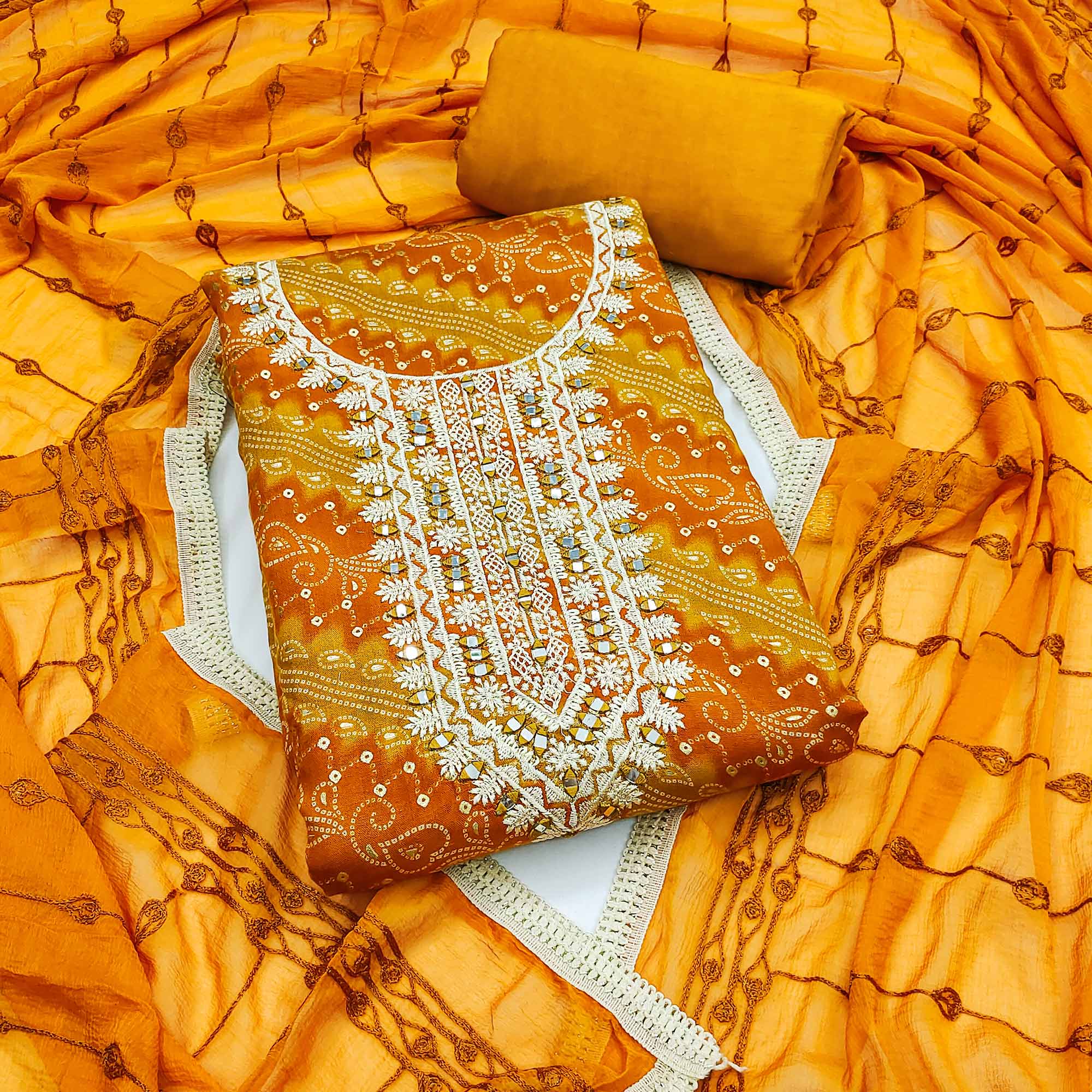 Mustard Bandhani Printed With Embroidered Rayon Dress Material