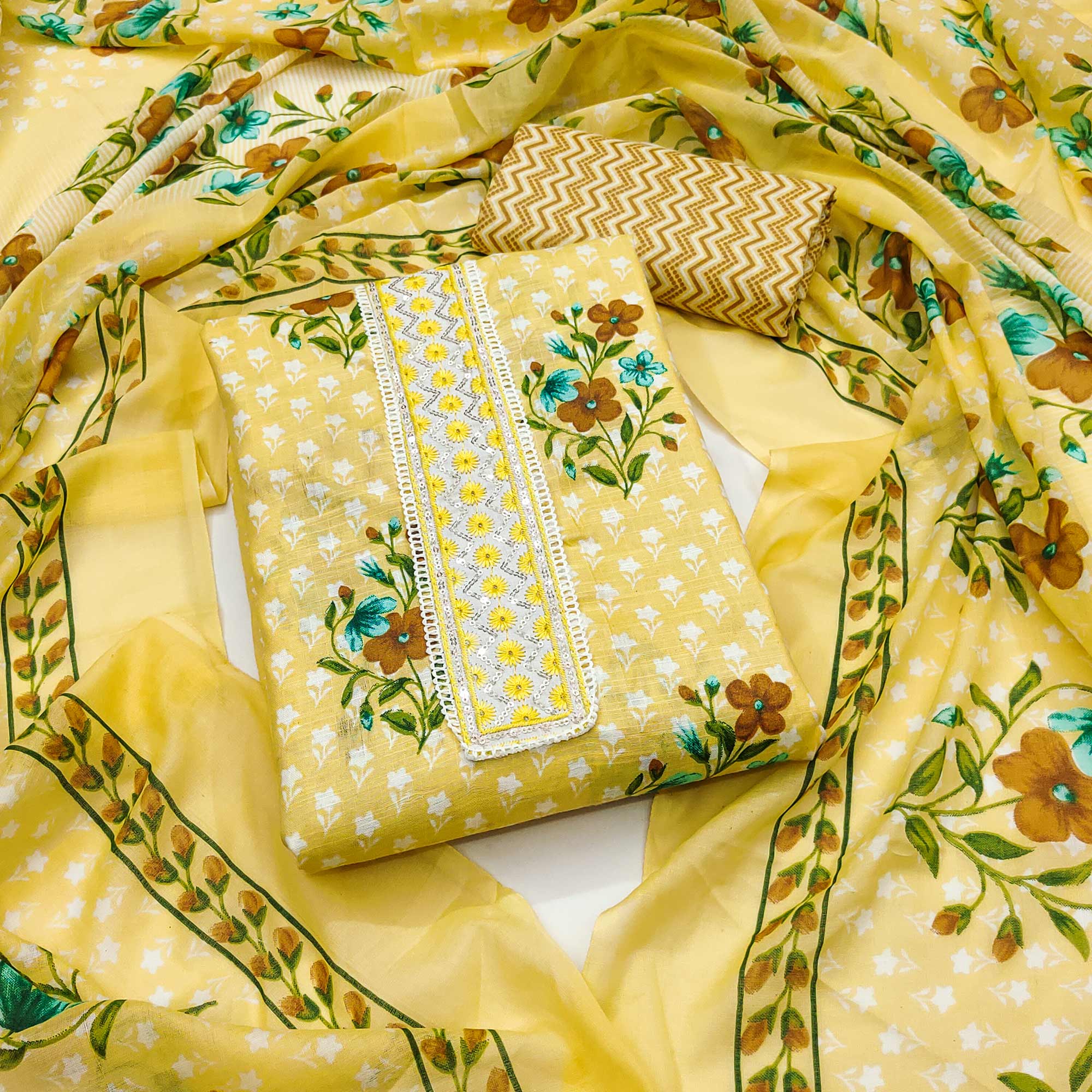 Yellow Floral Printed With Sequins Embroidered Pure Cotton Dress Material