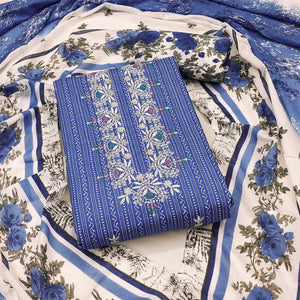 Blue Embroidered With Printed Pure Cotton Dress Material