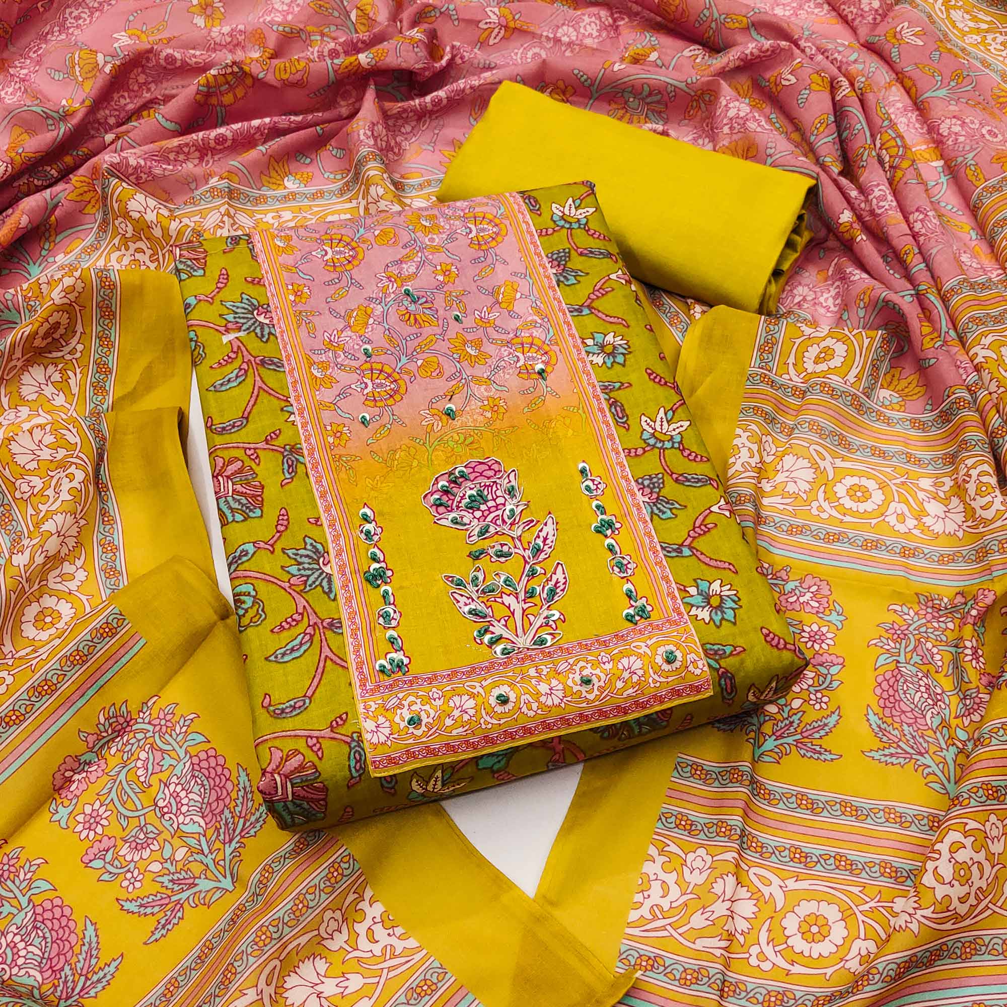 Green Floral Printed Pure Cotton Dress Material With Elegant Sequins Embroidery
