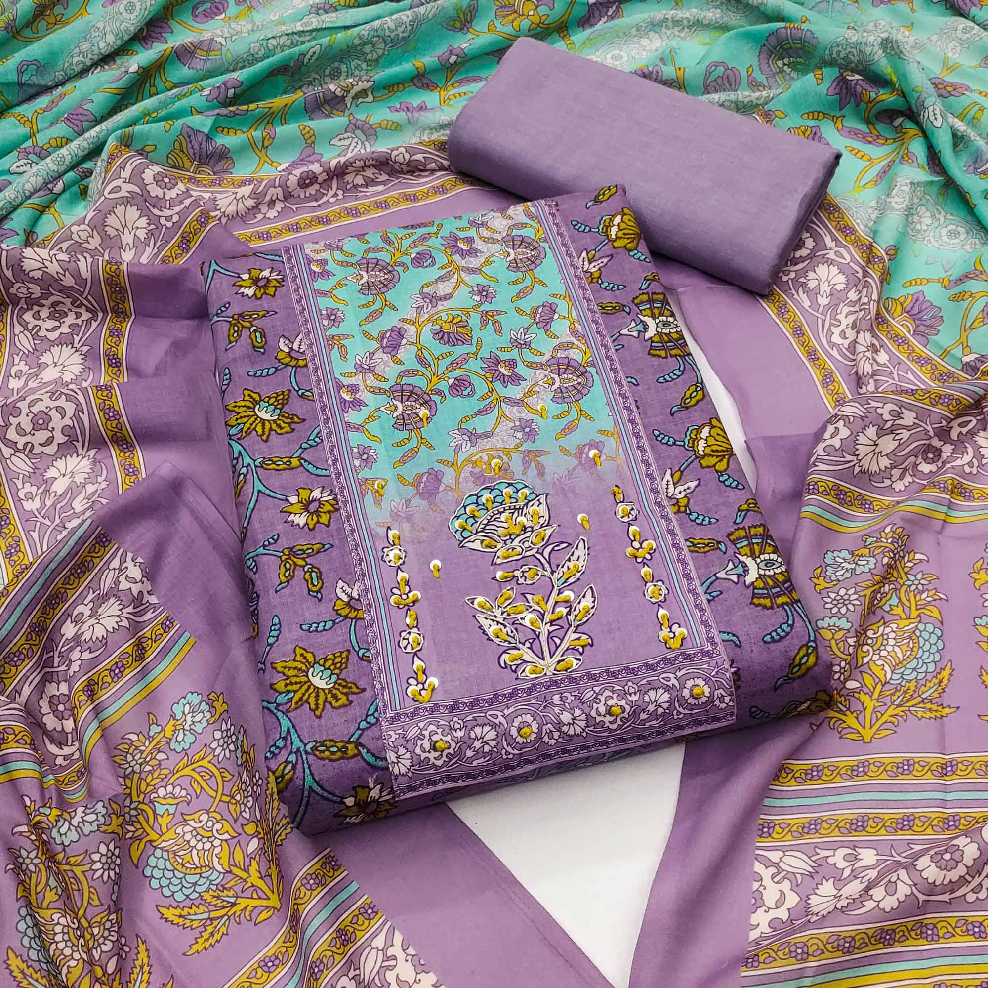 Lavender Floral Printed Pure Cotton Dress Material With Elegant Sequins Embroidery