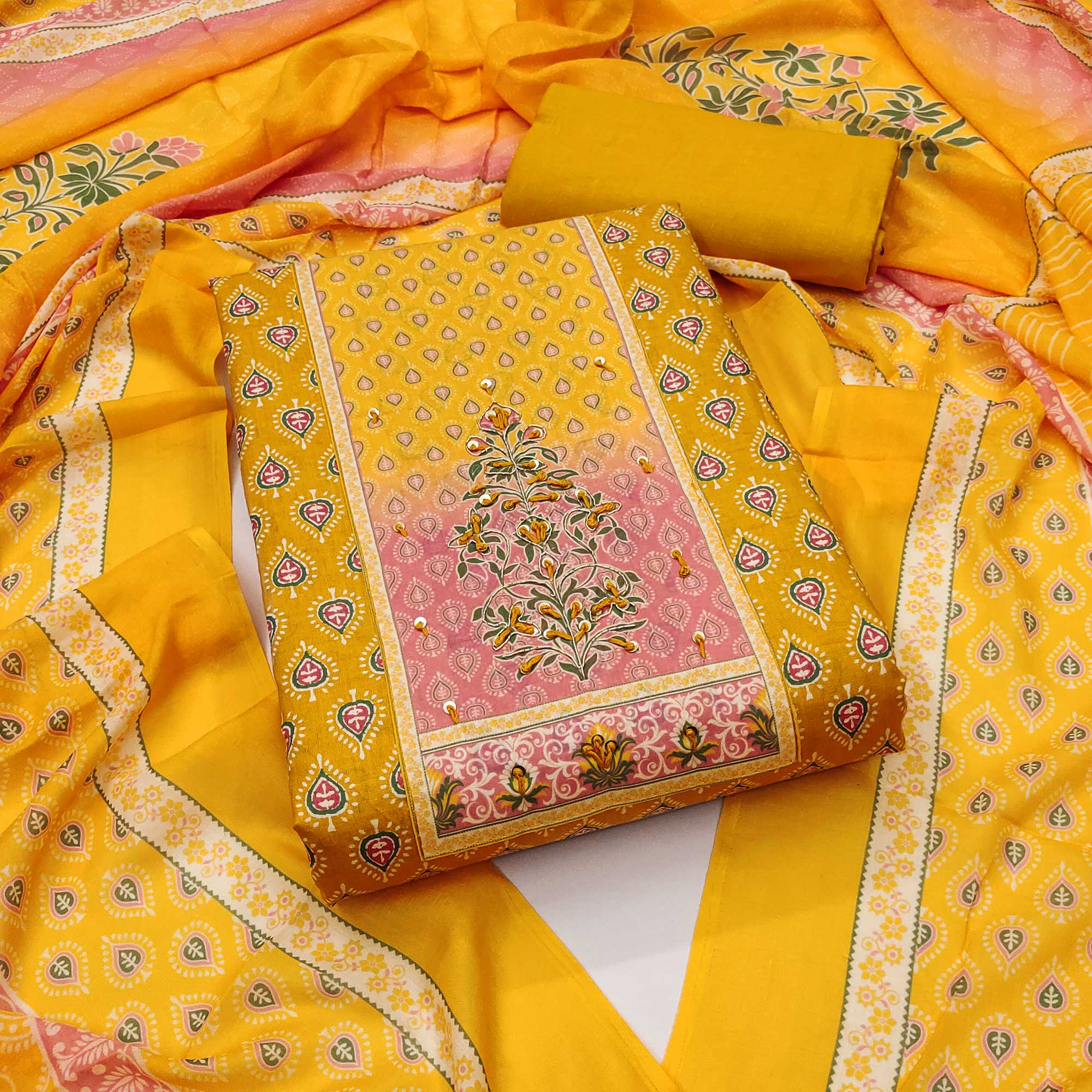 Mustard Pure Cotton Dress Material Accented With Sparkling Sequin Embroidery Work