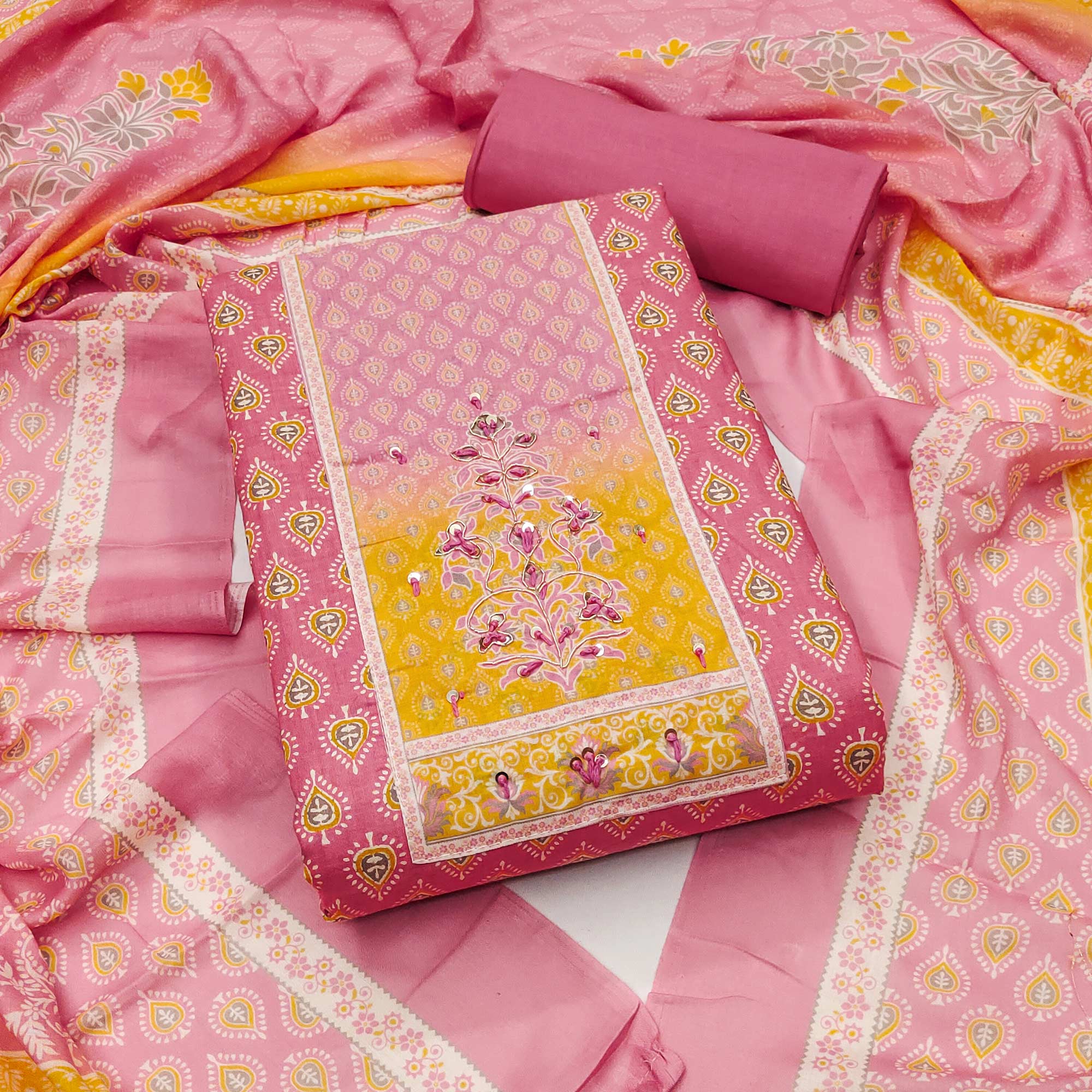 Pink Pure Cotton Dress Material Accented With Sparkling Sequin Embroidery Work