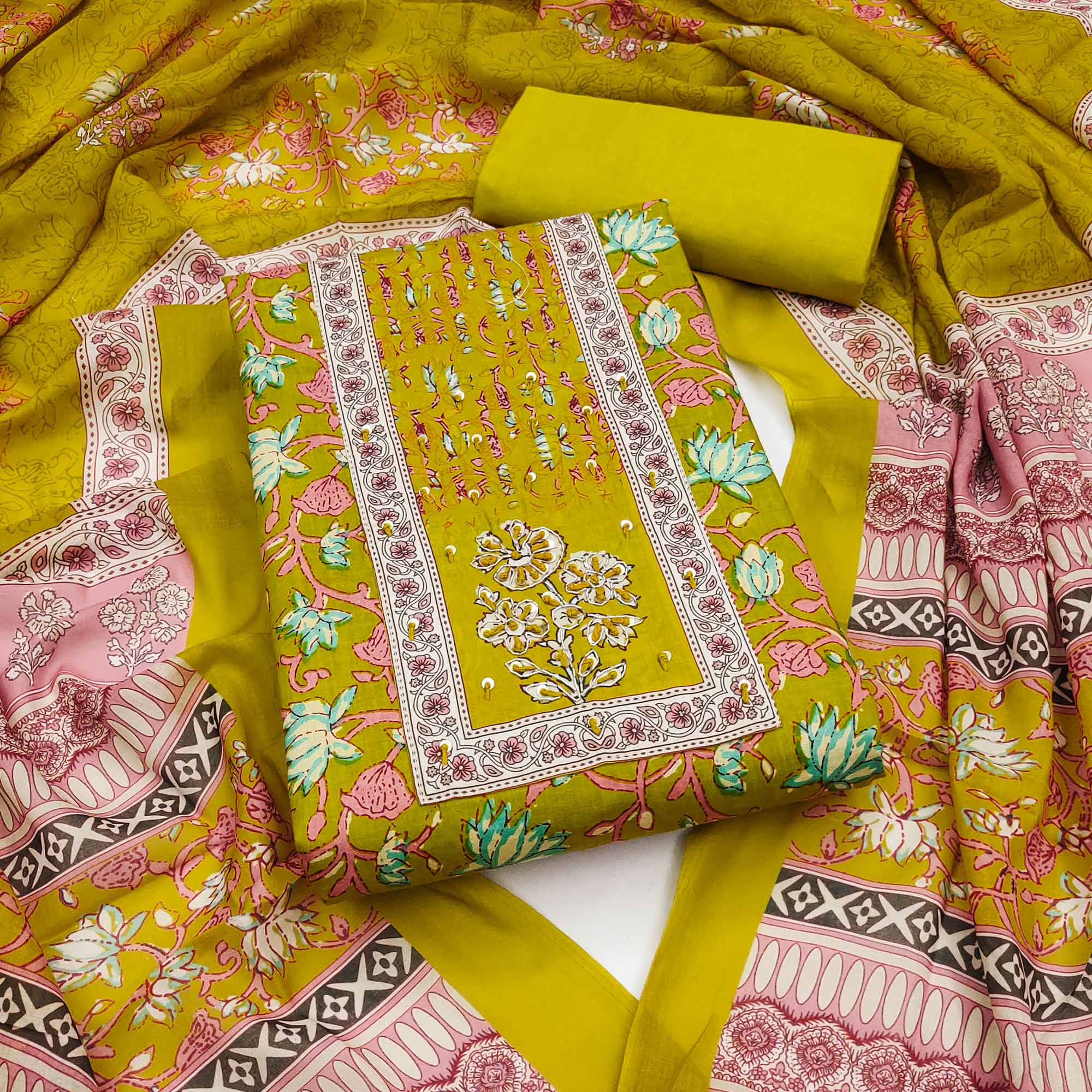 Olive Pure Cotton Dress Material Adorned with Artistic Floral Patterns