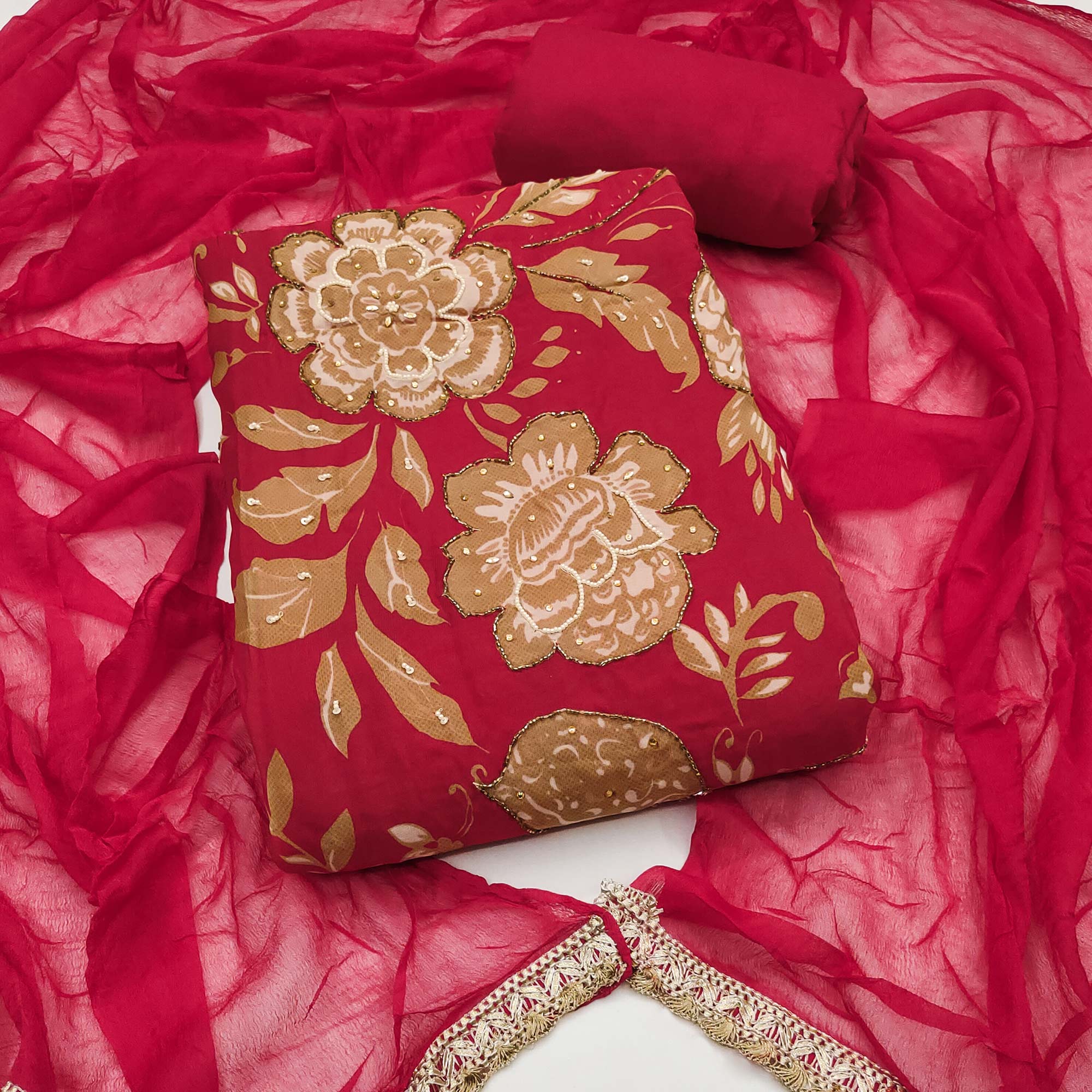 Cherry Red Floral Moti Hand Embroidered Muslin Dress Material