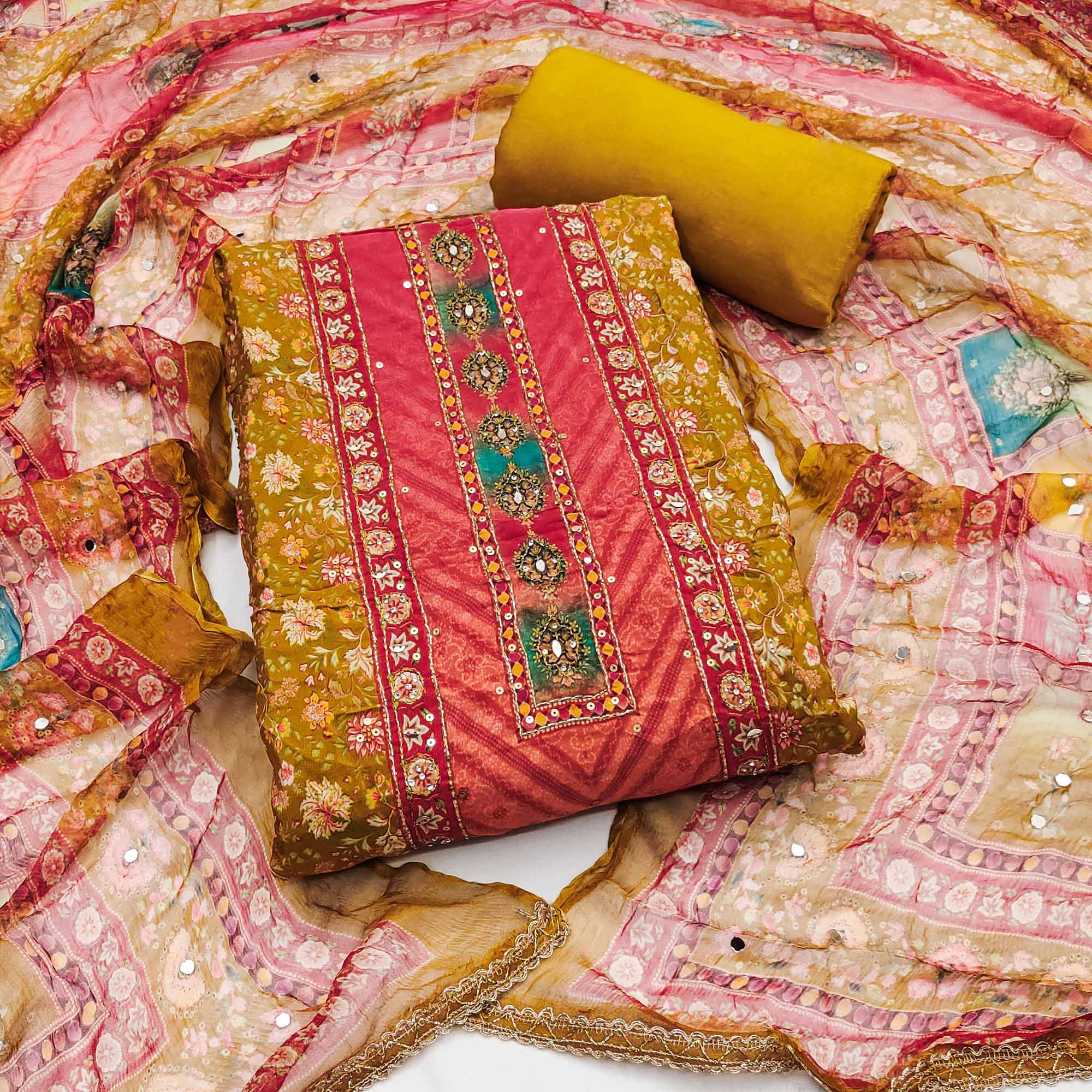 Mustard Embroidered With Printed Work Muslin Dress Material