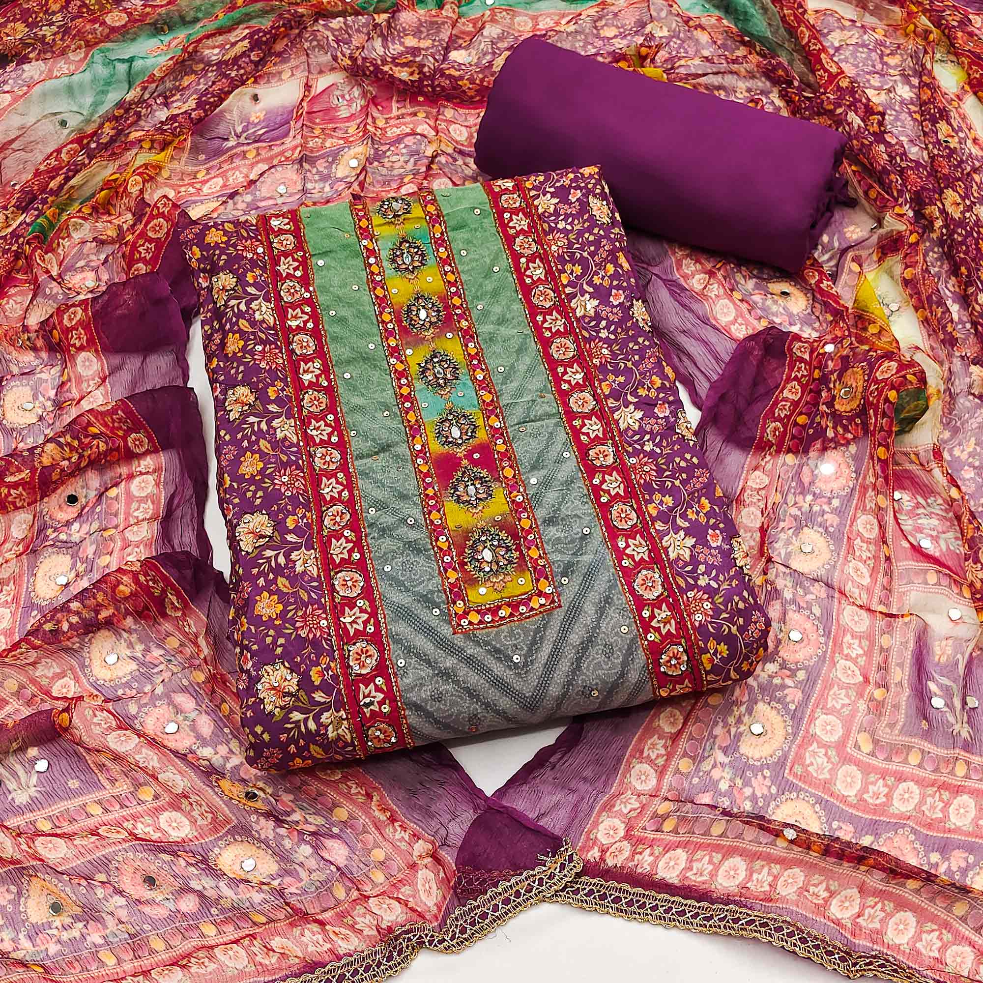 Purple Embroidered With Printed Work Muslin Dress Material