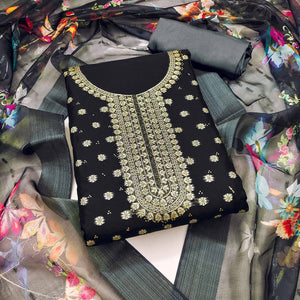 Black Floral Woven Chanderi Dress Material