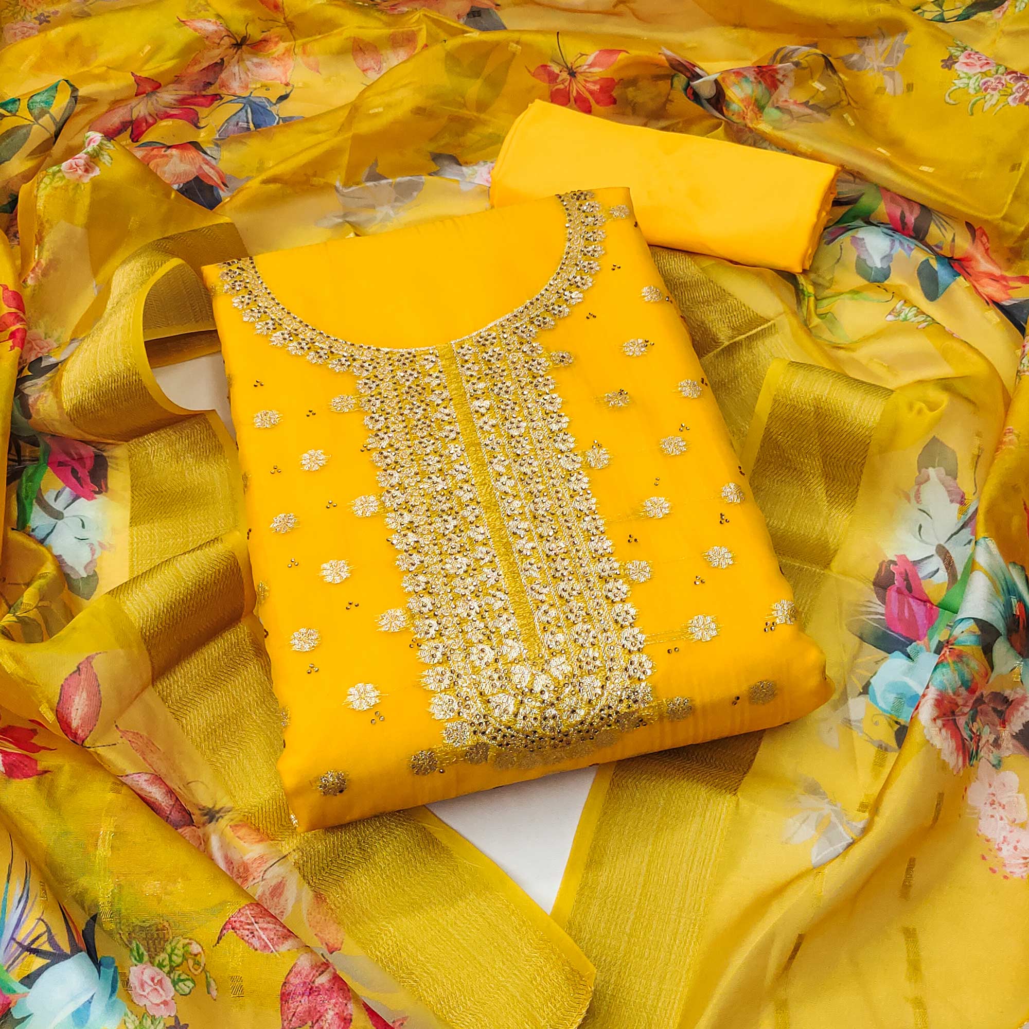 Yellow Butti Design Woven Organza Dress Material