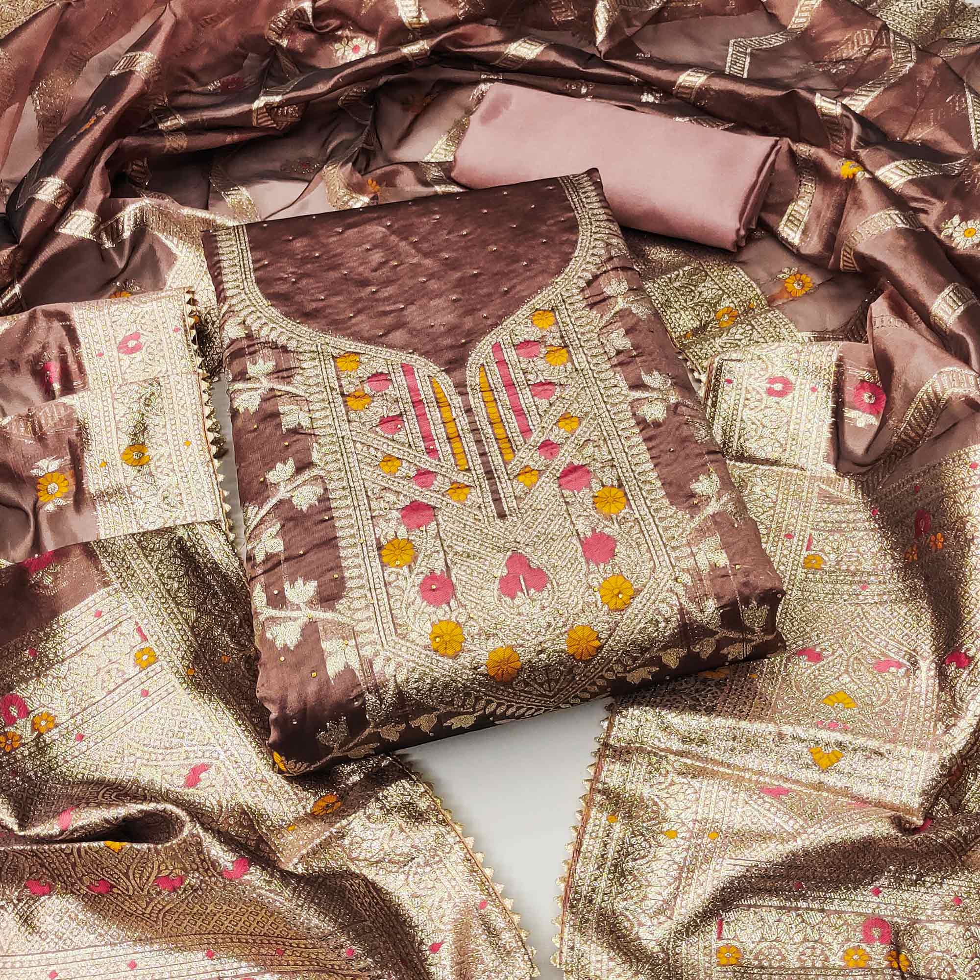 Brown Woven Organza Dress Material