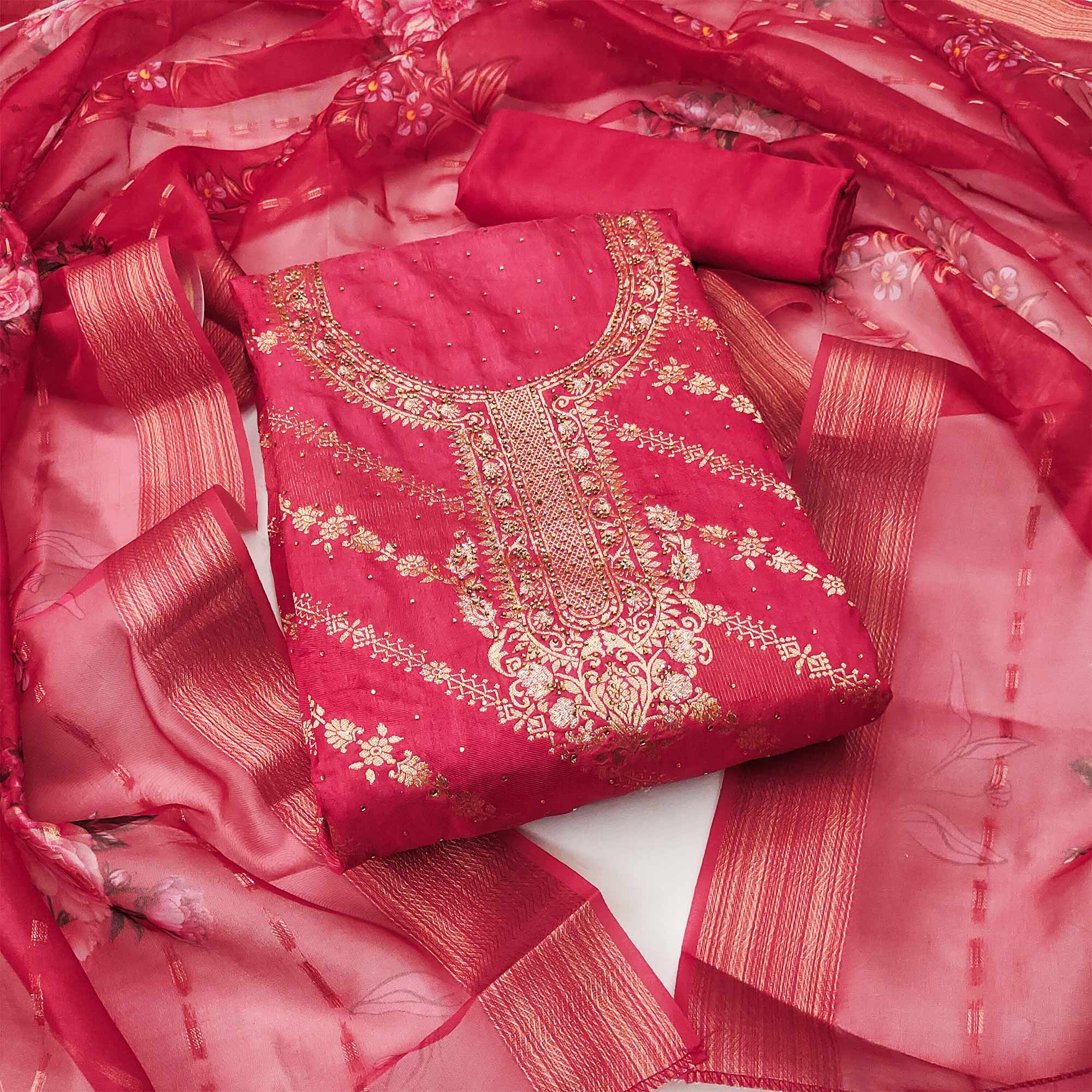 Pink Woven Cotton Silk Dress Material