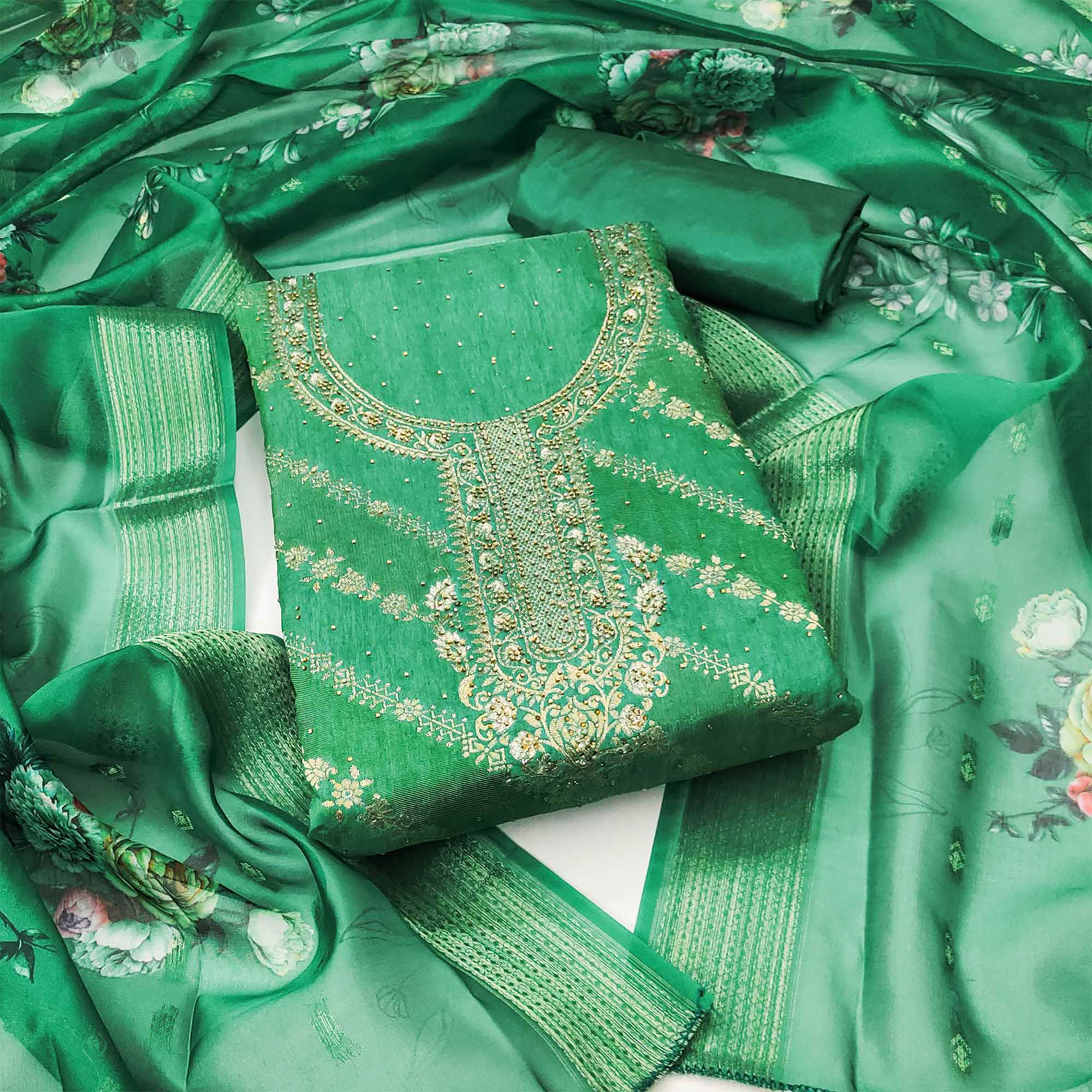 Sea Green Woven Cotton Silk Dress Material