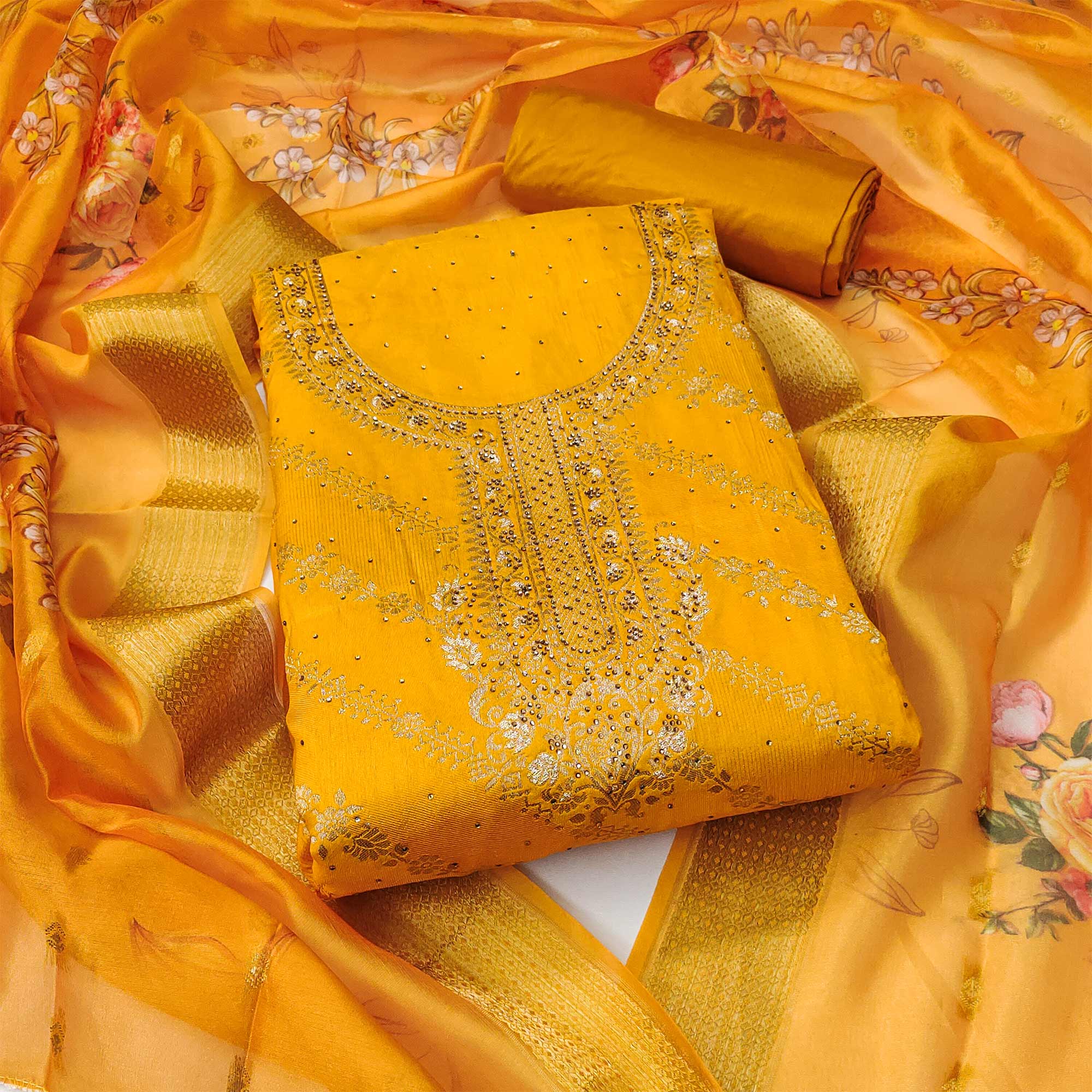 Yellow Woven Cotton Silk Dress Material