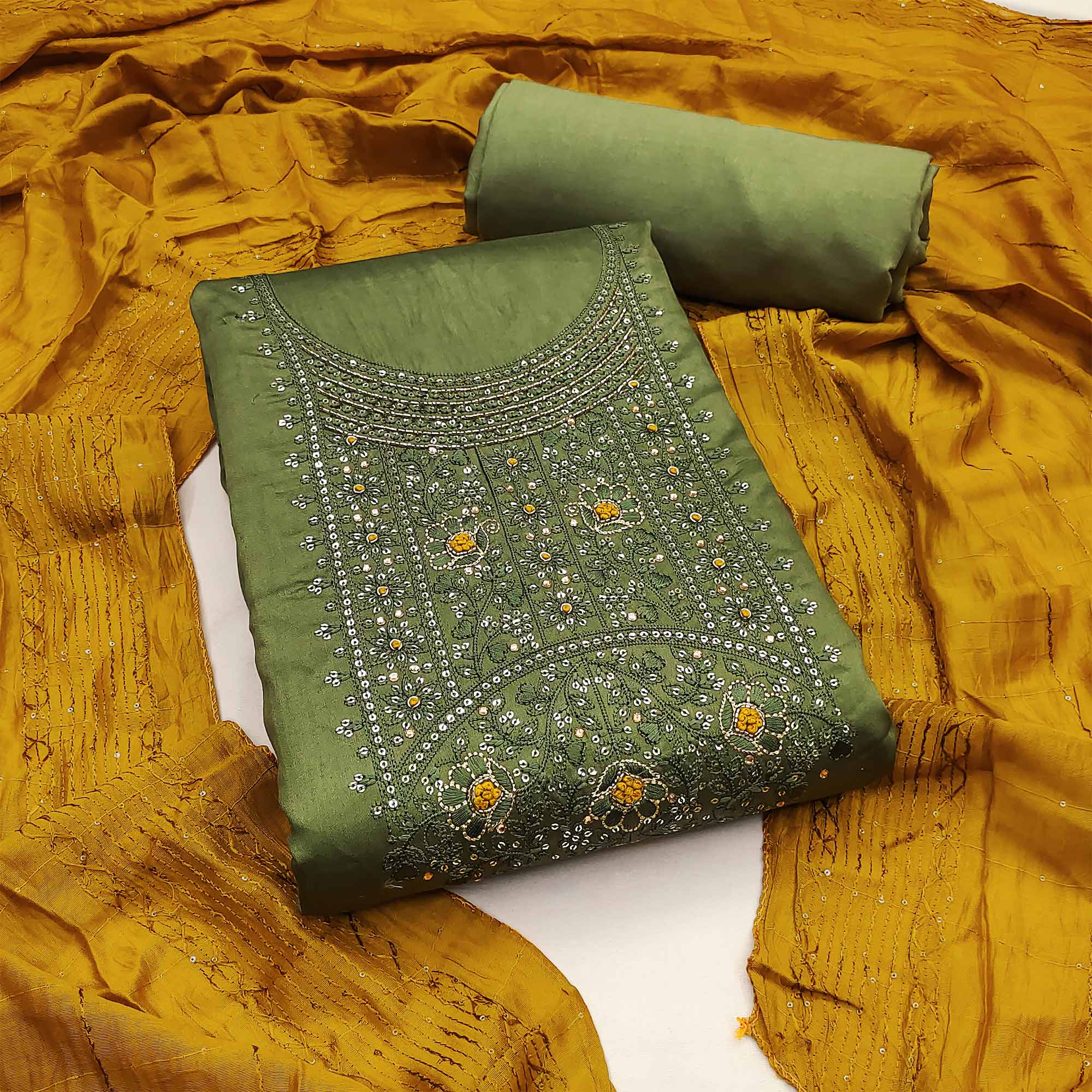 Green Sequins Embroidered Cotton Silk Dress Material