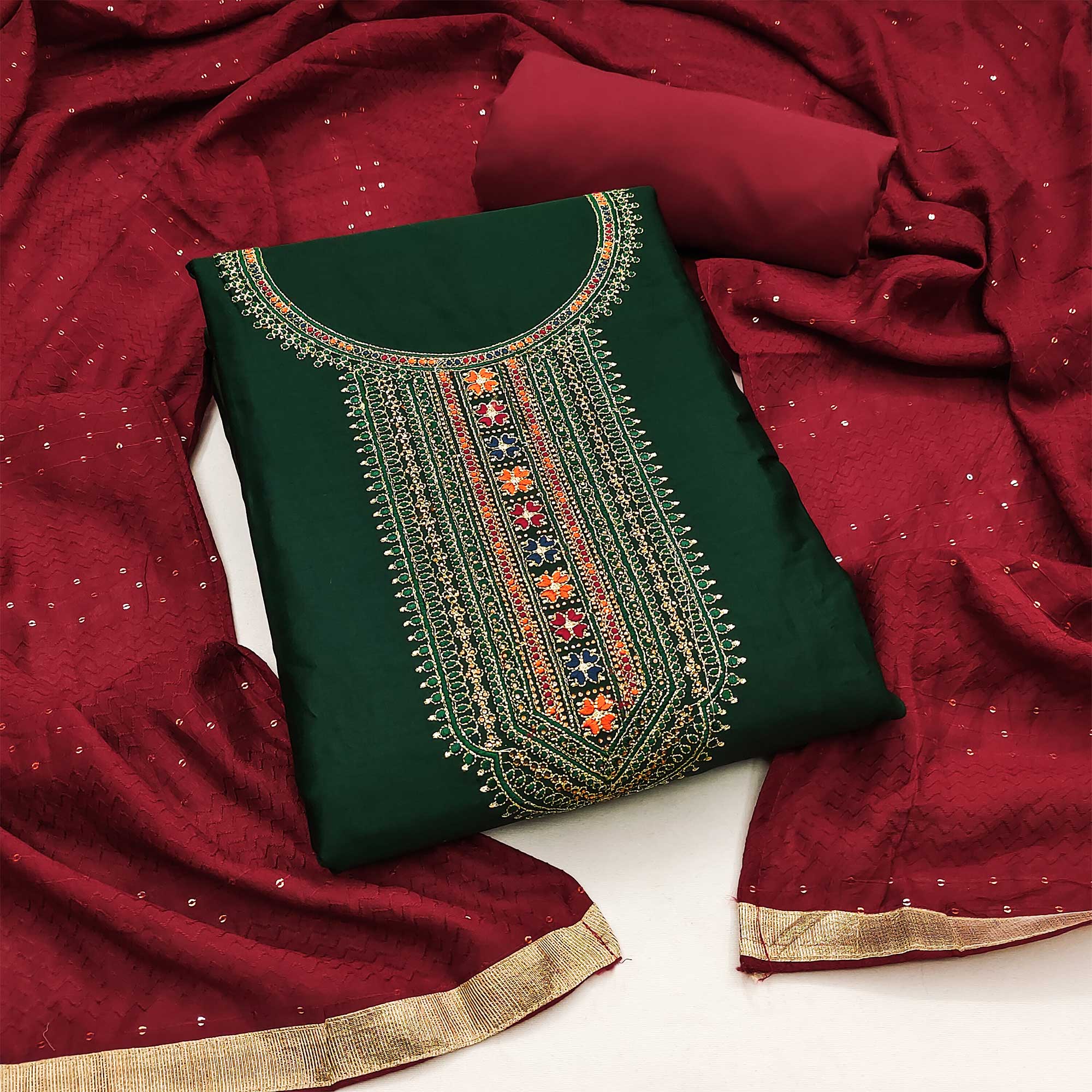 Green Embroidered Cotton Silk Dress Material