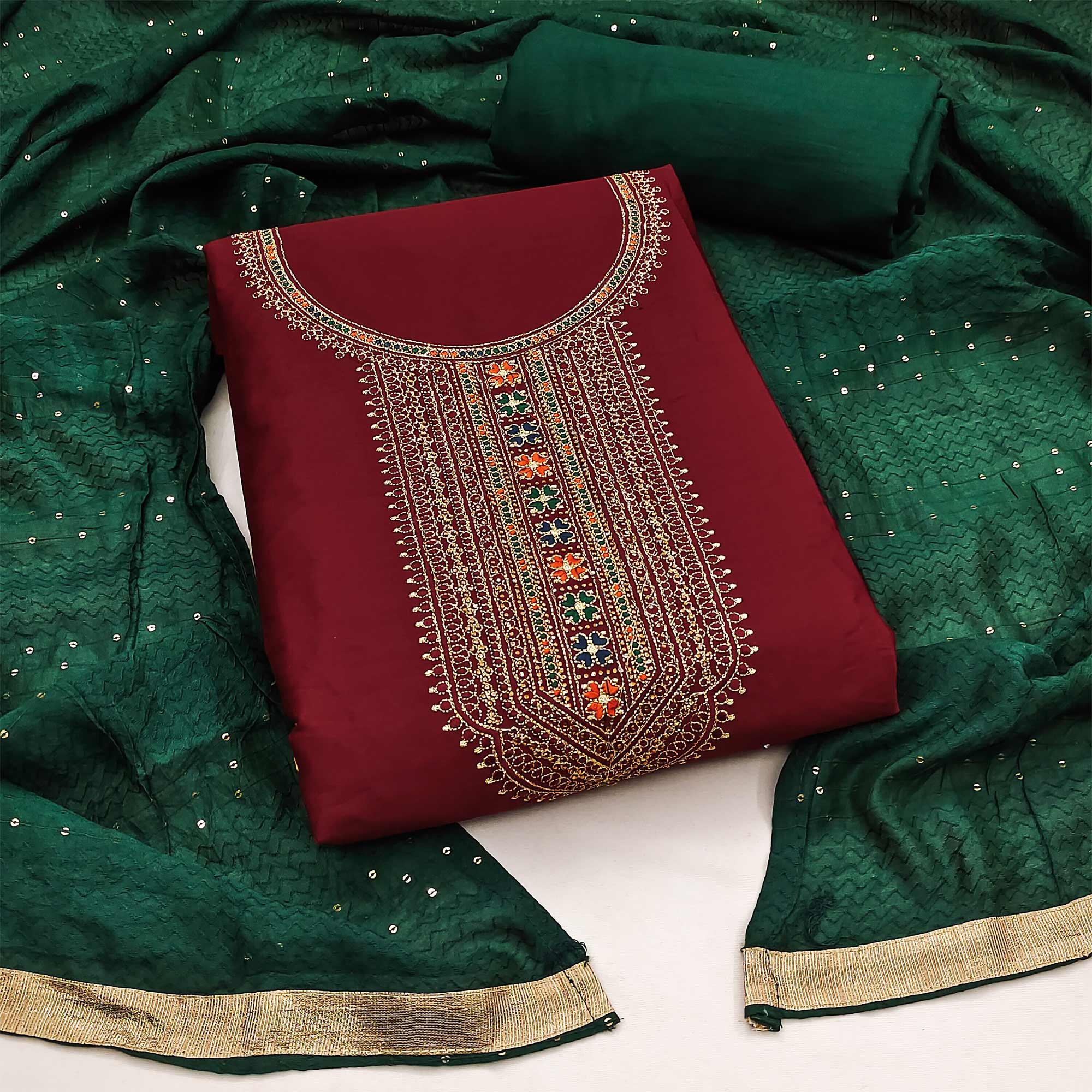 Maroon Embroidered Cotton Silk Dress Material