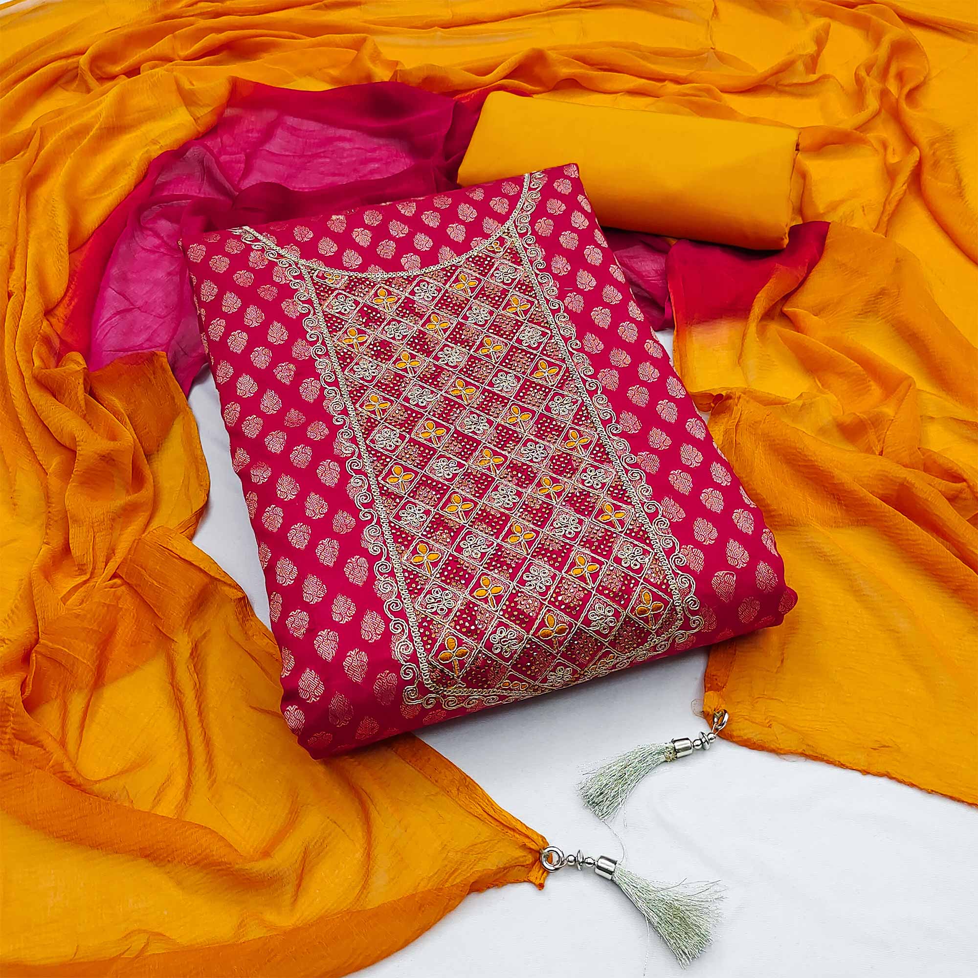 Pink Butti Design Woven Jacquard Dress Material