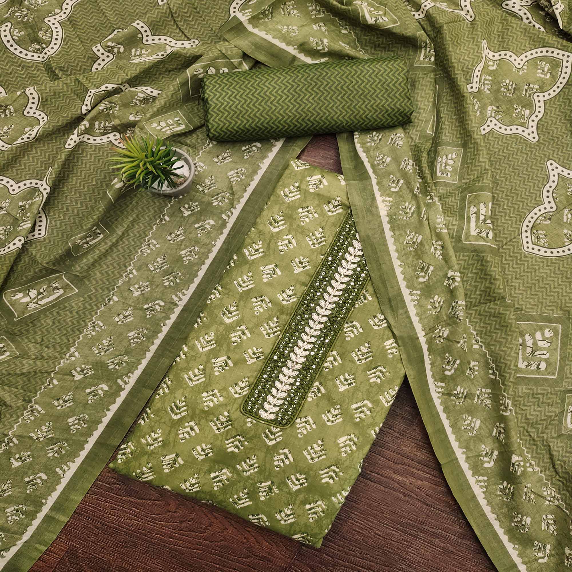 Green Printed Pure Cotton Dress Material