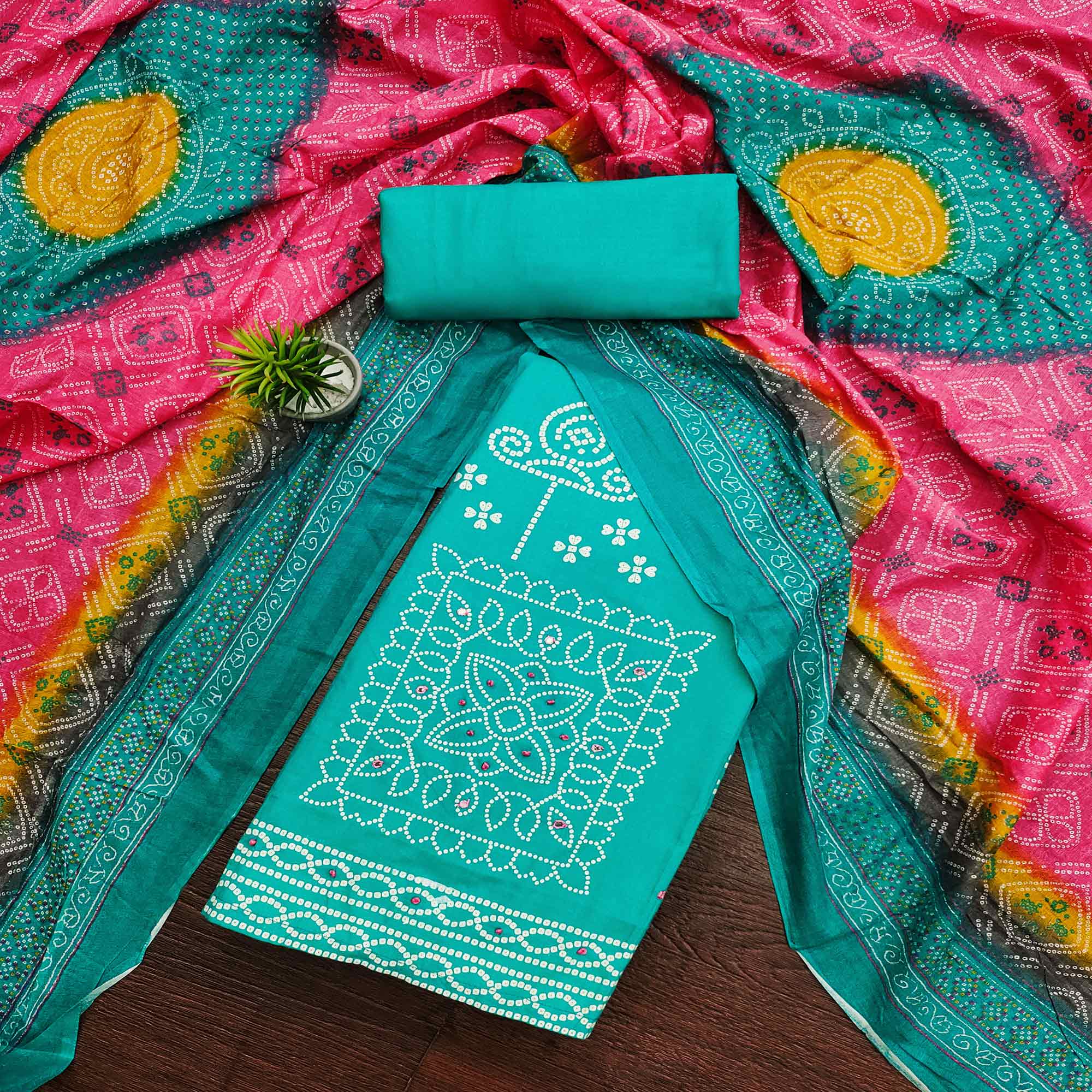 Turquoise Printed Pure Cotton Dress Material