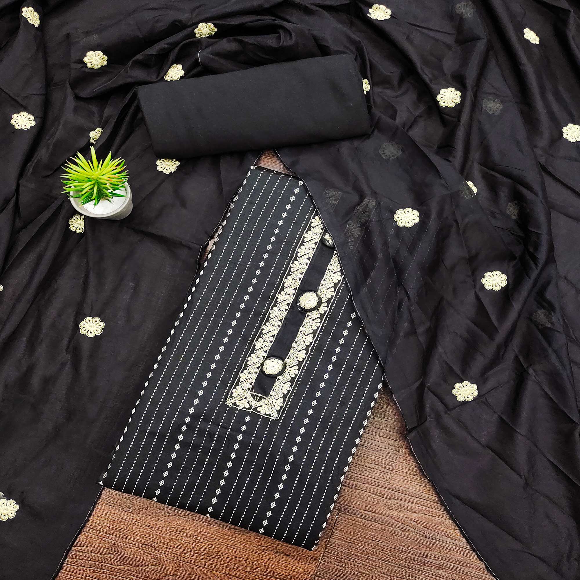 Black Printed Pure Cotton Dress Material