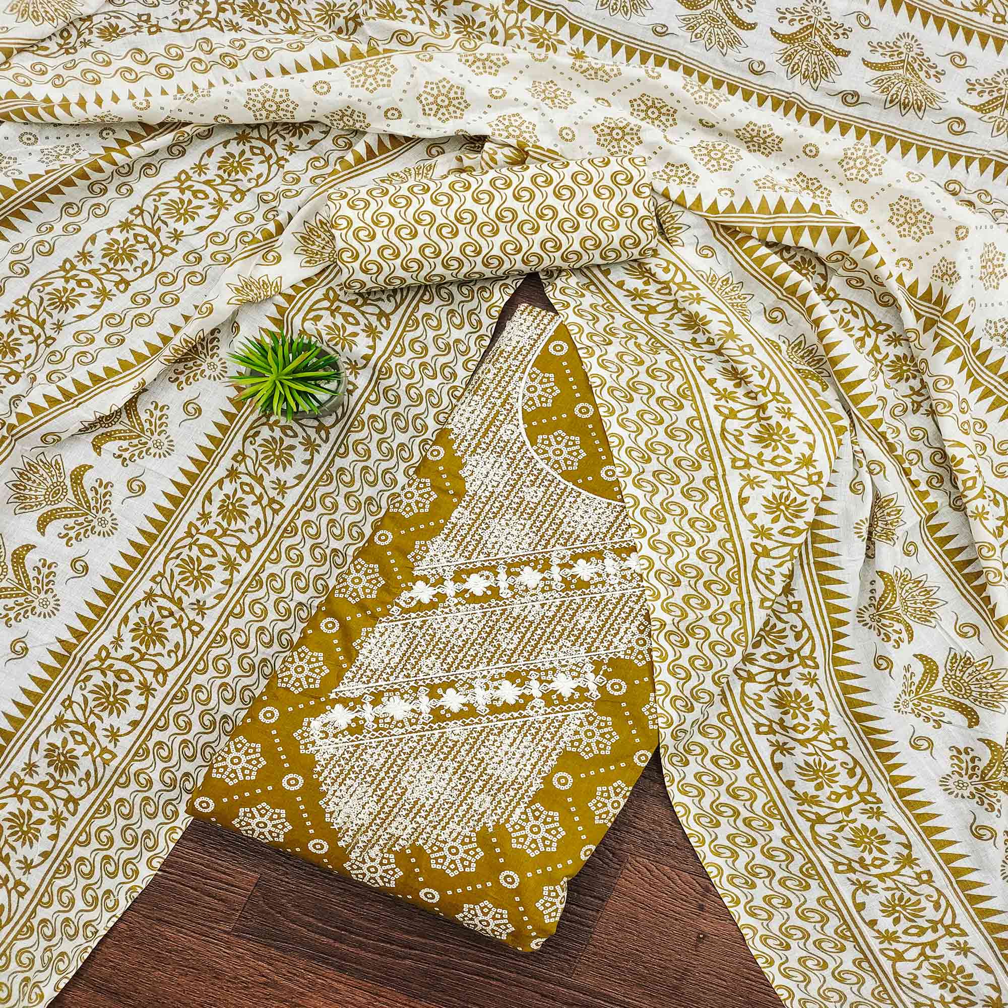 Mustard Printed With Embroidered Pure Cotton Dress Material