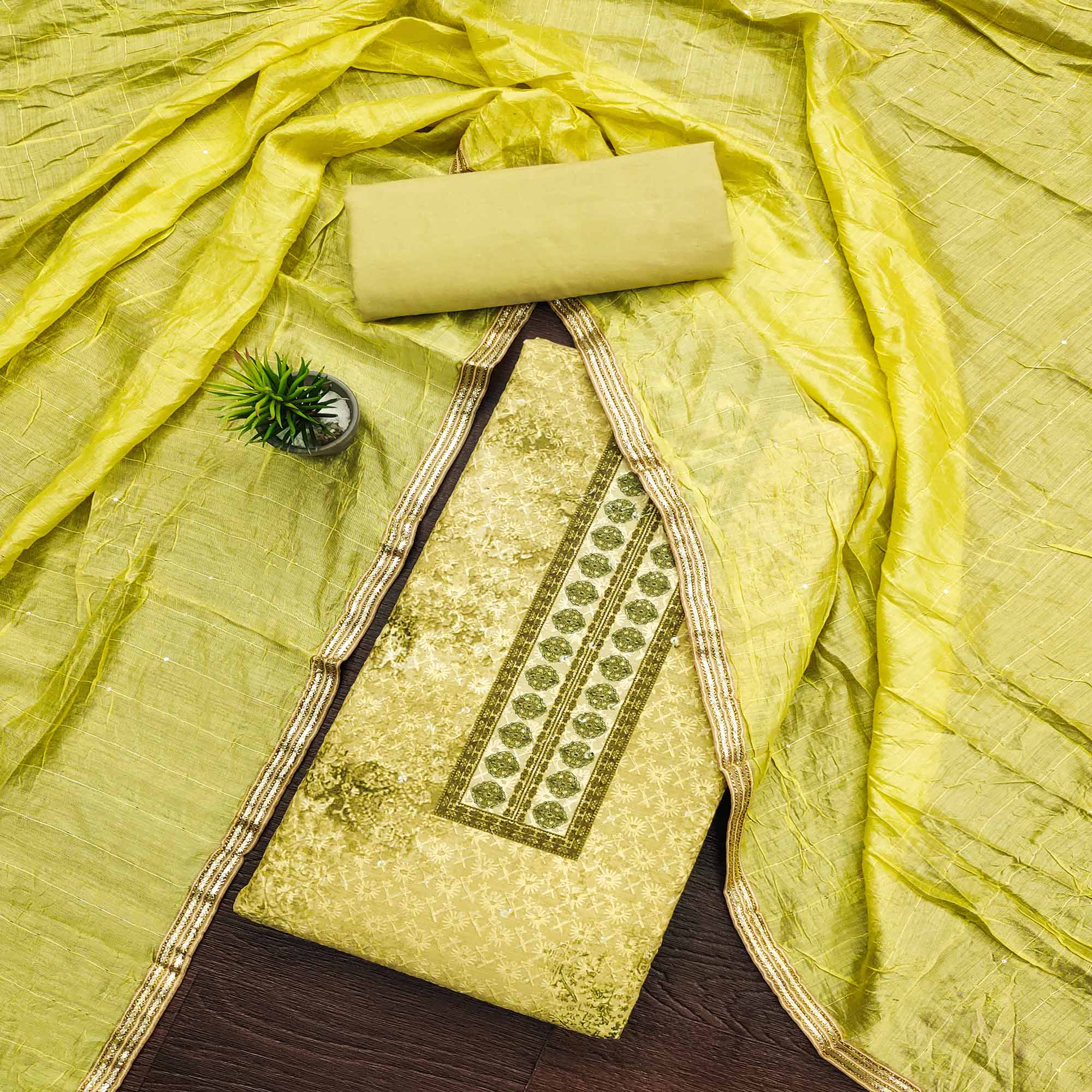 Lemon Green Chikankari With Printed Pure Cotton Dress Material