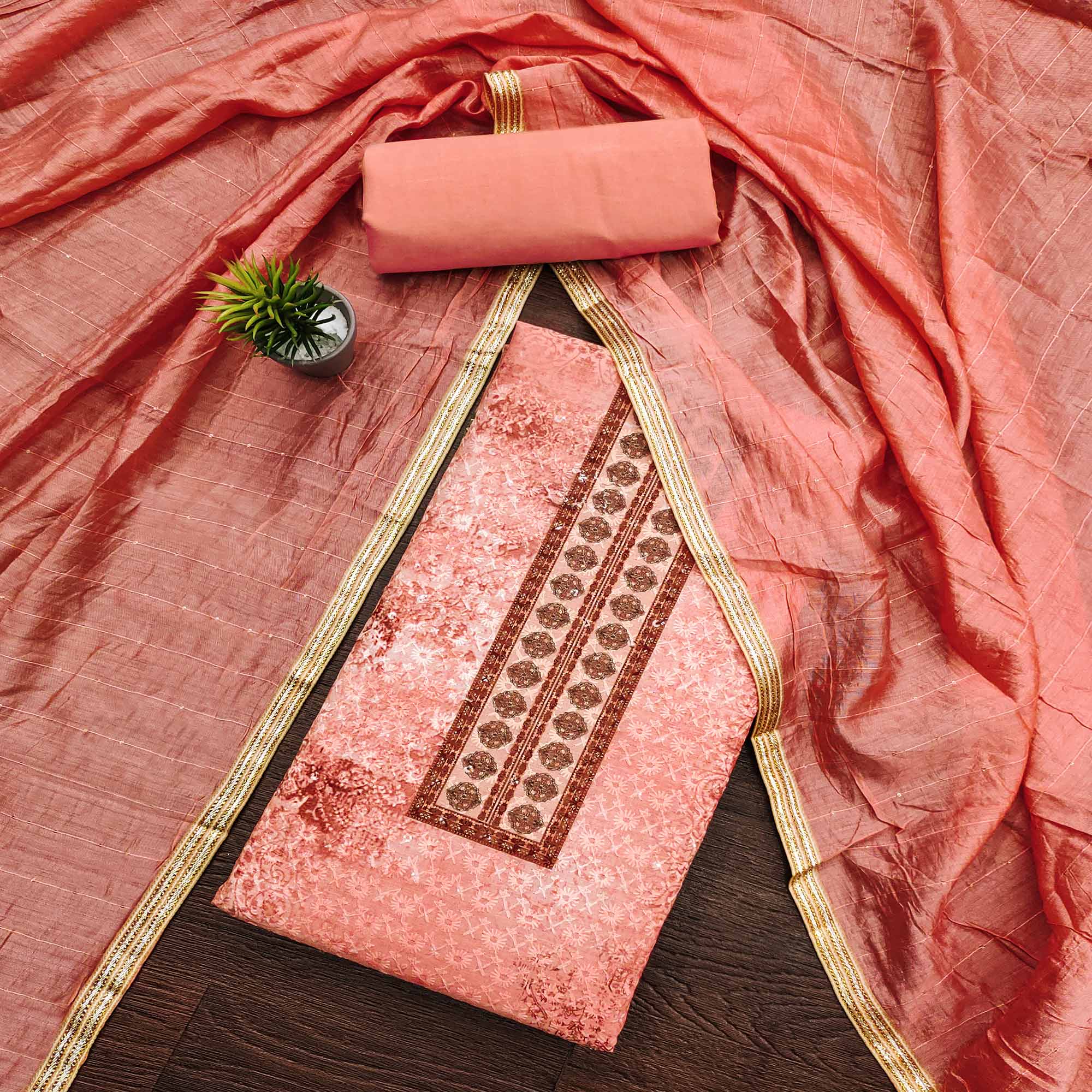 Peach Chikankari With Printed Pure Cotton Dress Material