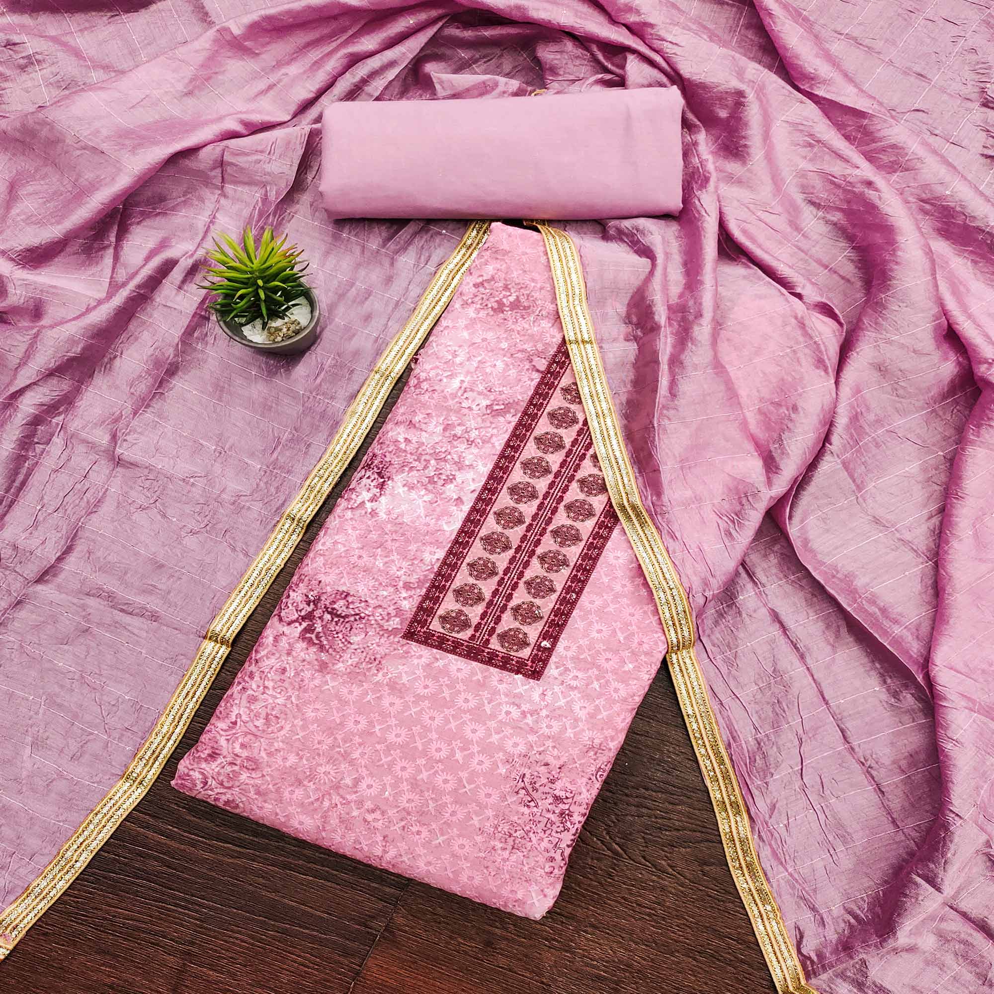 Pink Chikankari With Printed Pure Cotton Dress Material