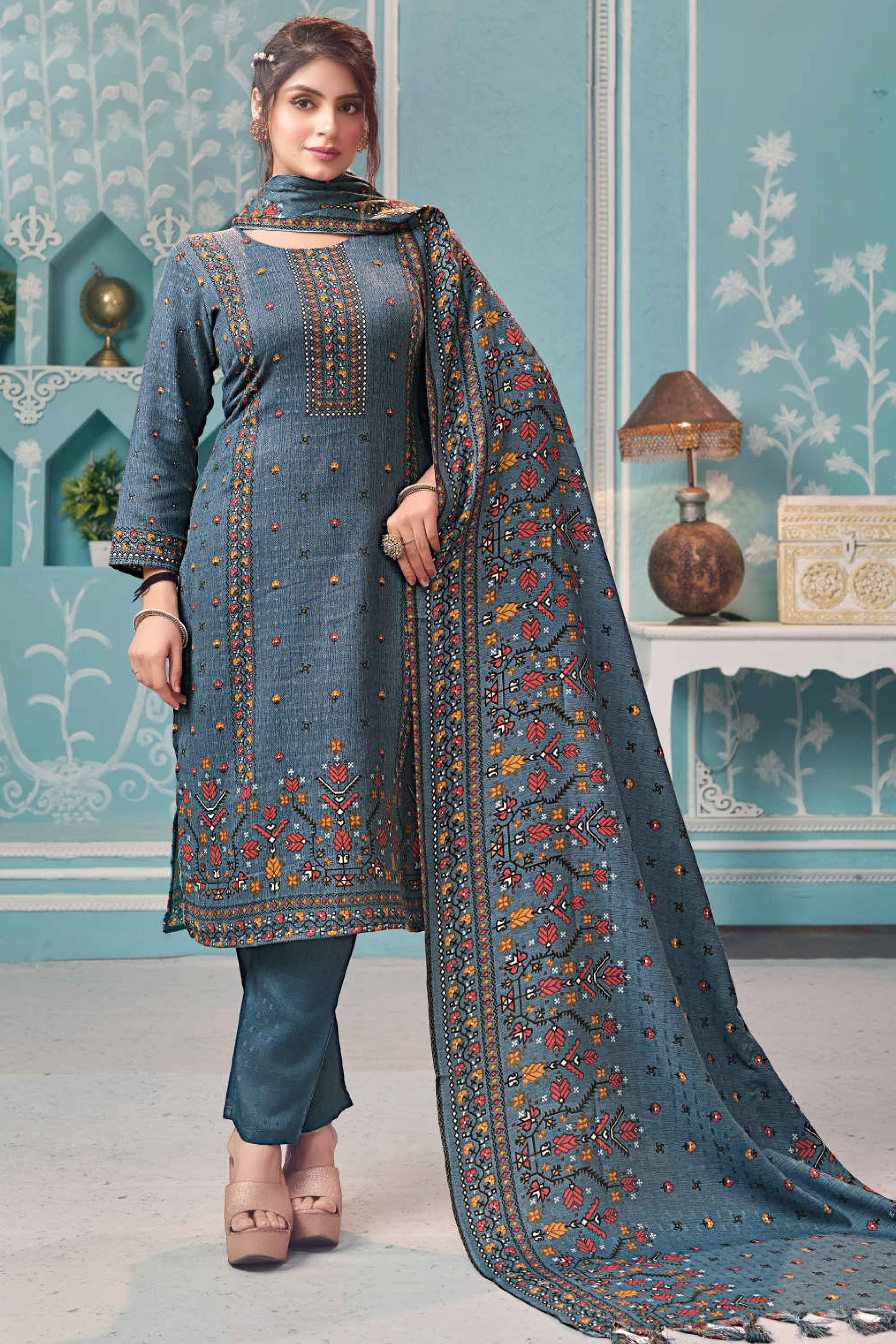 Blue Floral Print Pashmina Fabric Set Designed for Warm and Stylish Ethnic Wear