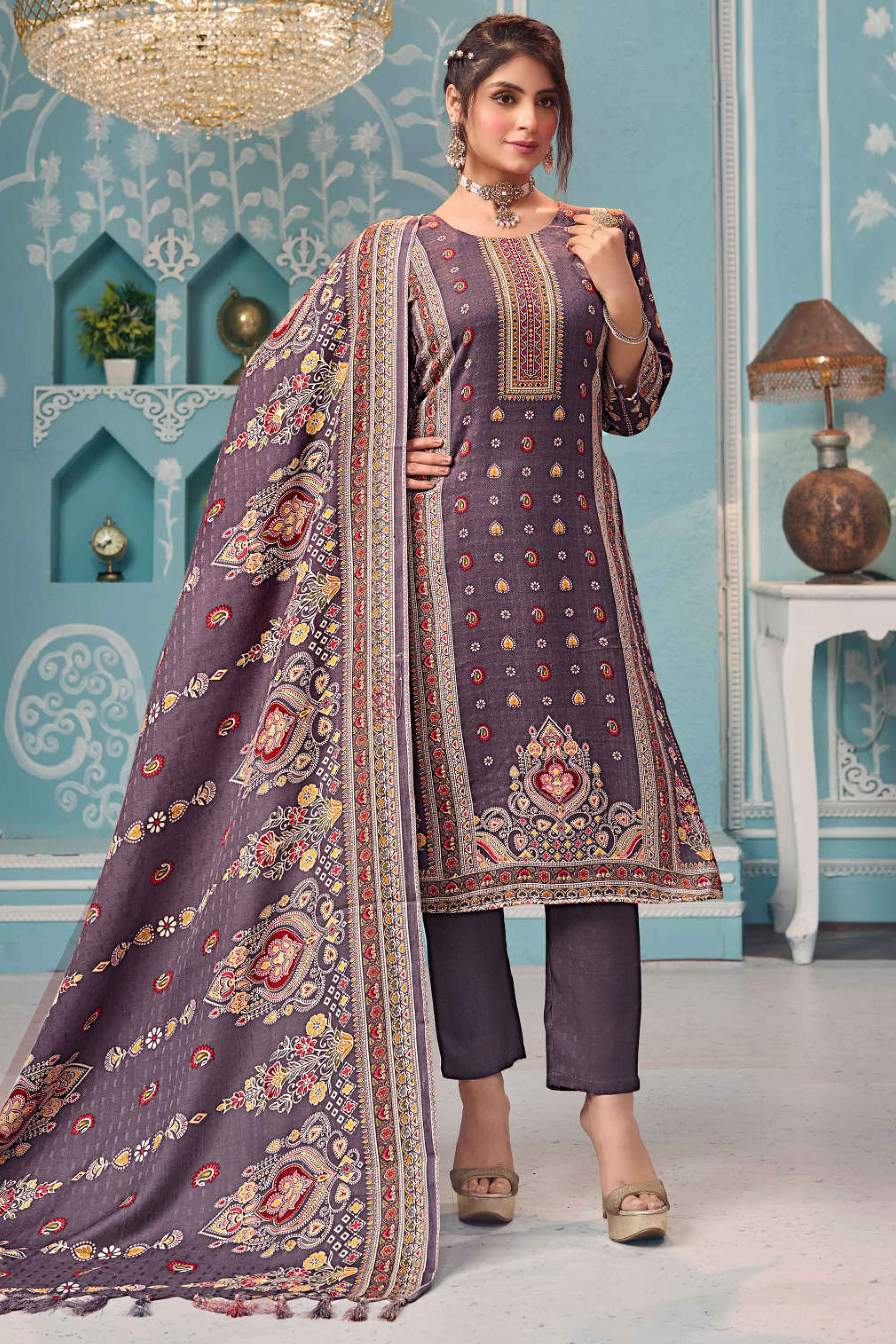 Wine Floral Print Pashmina Fabric Set Designed for Warm and Stylish Ethnic Wear