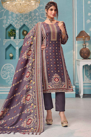Wine Floral Print Pashmina Fabric Set Designed for Warm and Stylish Ethnic Wear