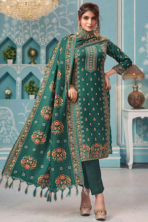 Green Floral Print Pashmina Fabric Set Designed for Warm and Stylish Ethnic Wear