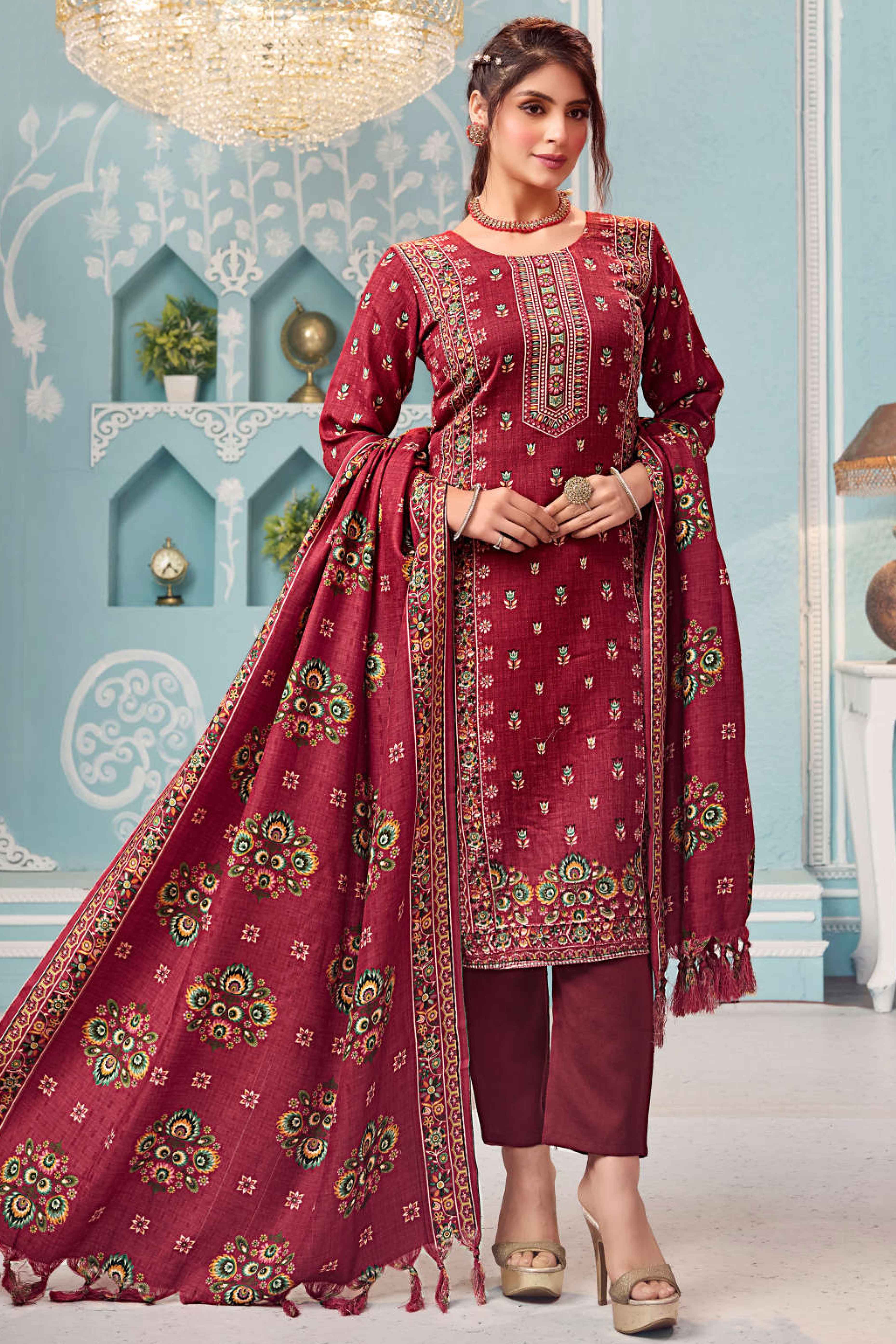 Maroon Floral Print Pashmina Fabric Set Designed for Warm and Stylish Ethnic Wear