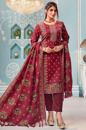 Maroon Floral Print Pashmina Fabric Set Designed for Warm and Stylish Ethnic Wear
