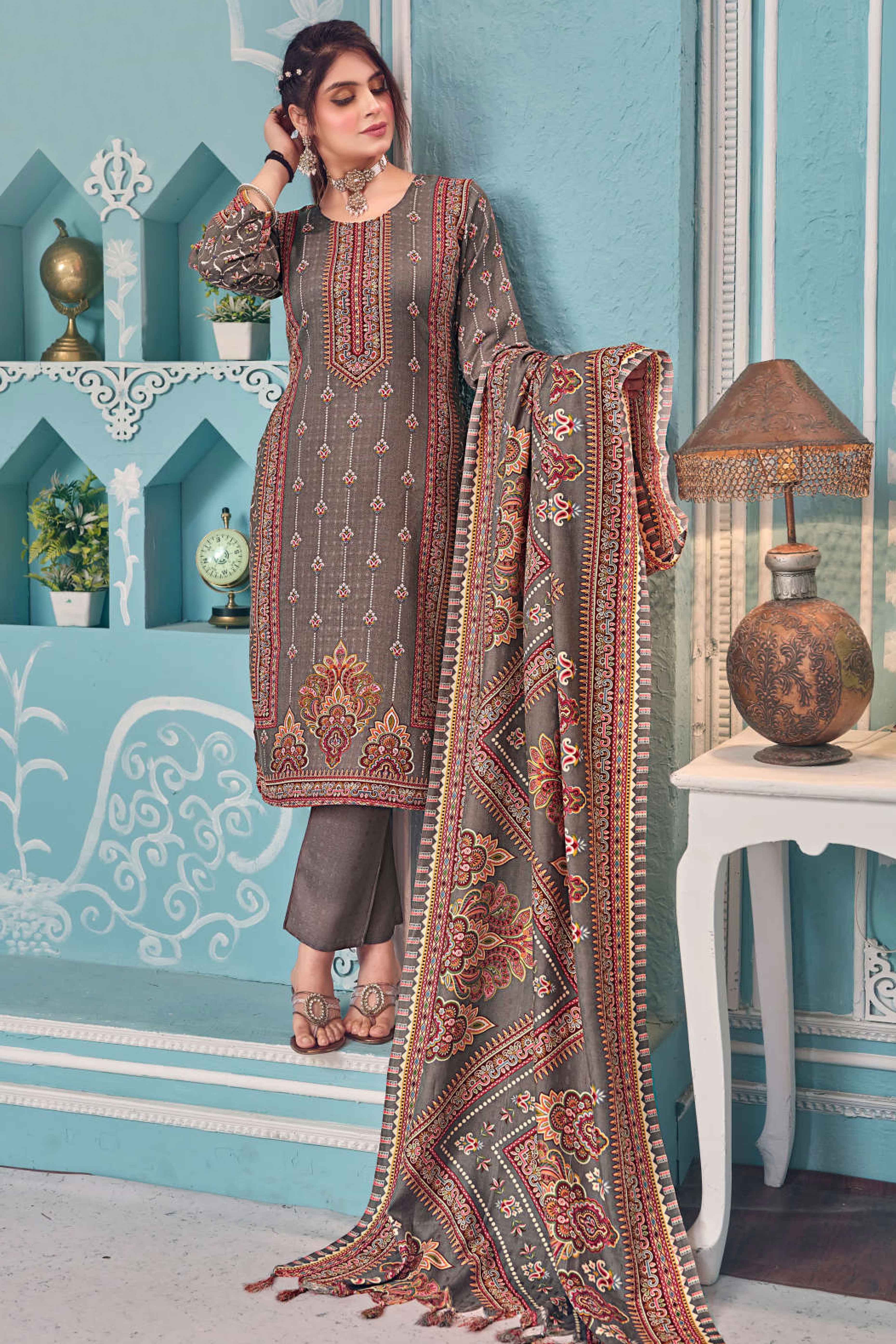 Grey Floral Print Pashmina Fabric Set Designed for Warm and Stylish Ethnic Wear