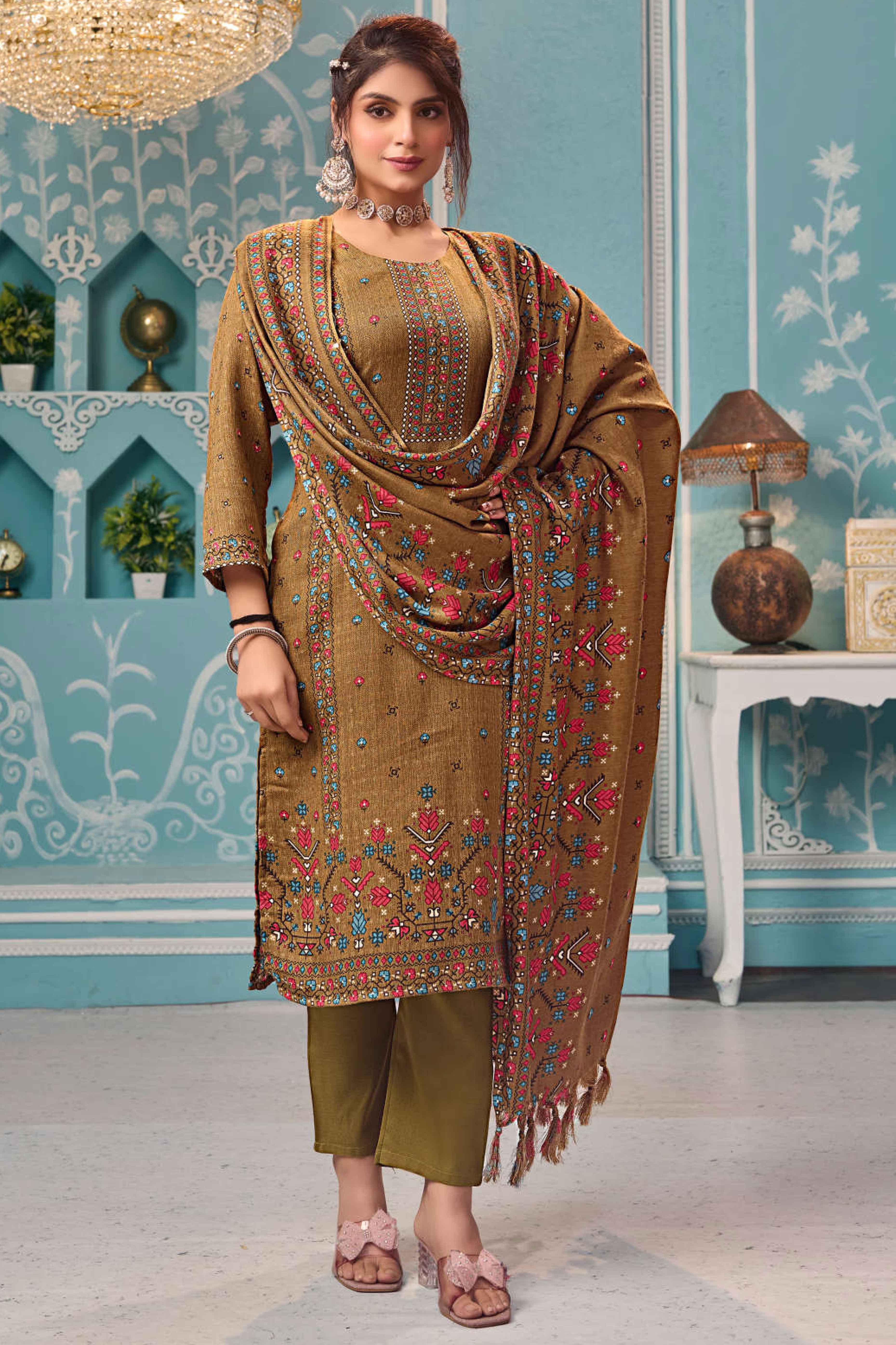Olive Floral Print Pashmina Fabric Set Designed for Warm and Stylish Ethnic Wear