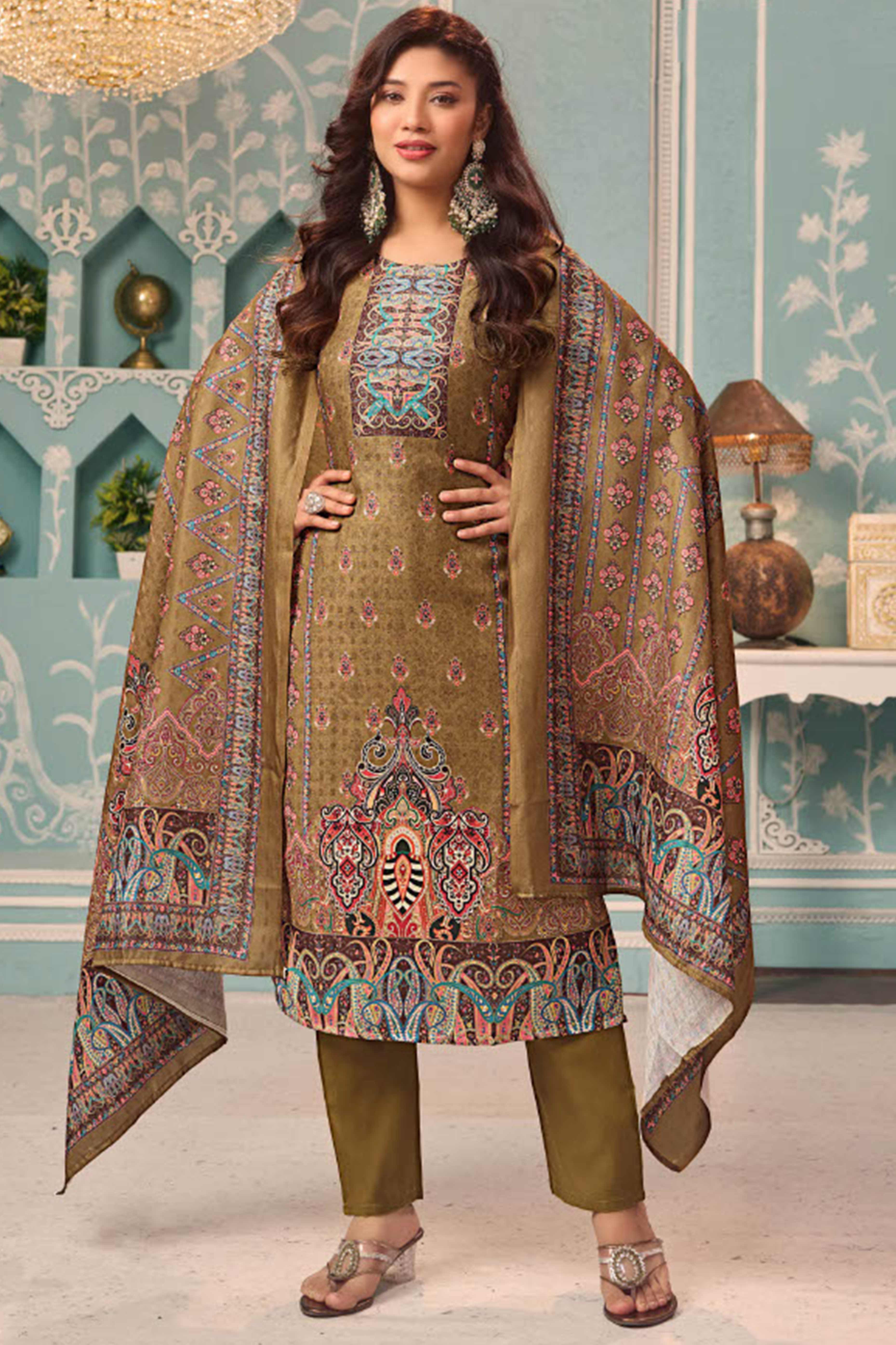 Olive Stylish Floral Printed Pashmina Dress Material for Graceful Winter Outfits