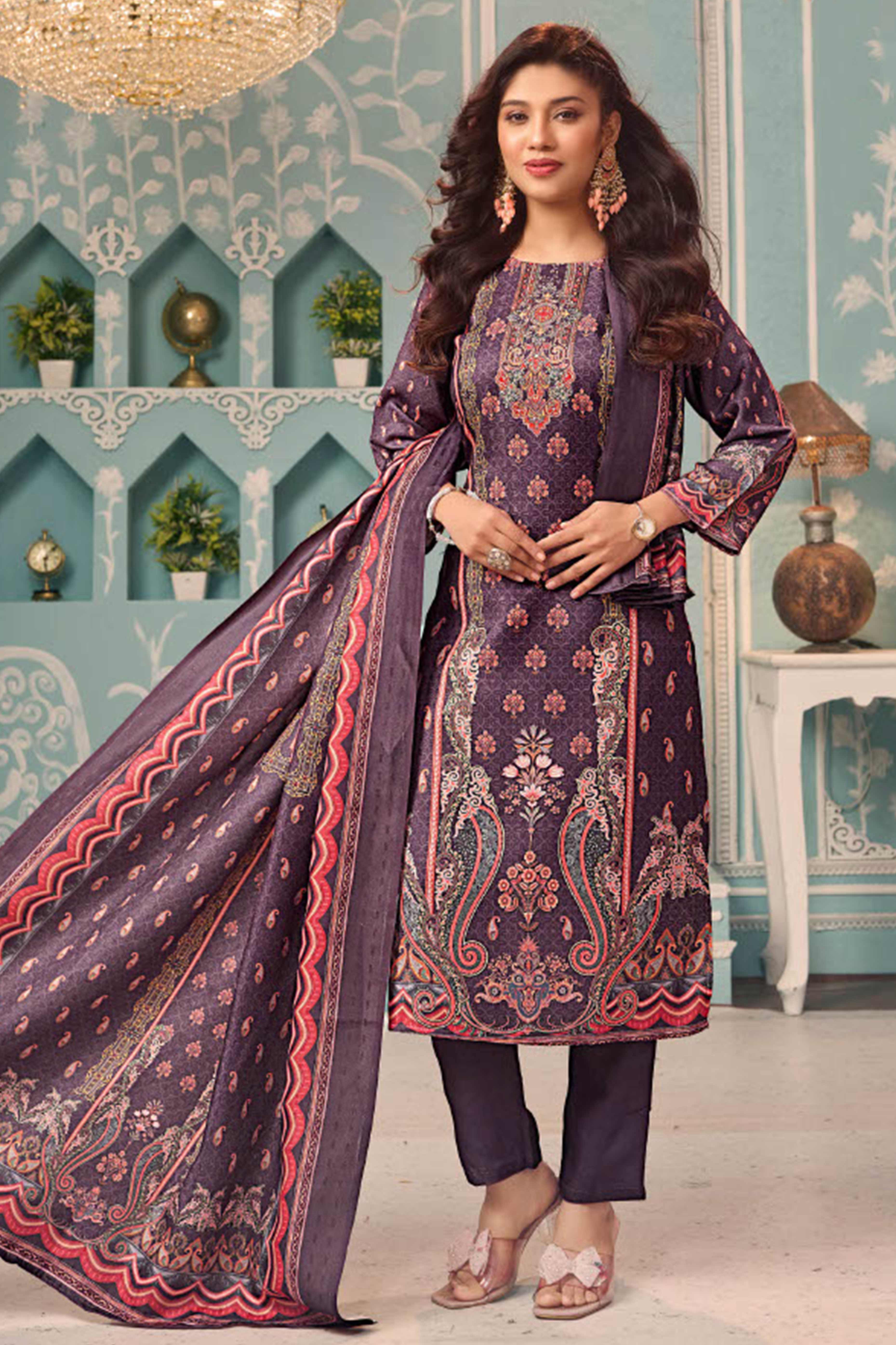 Wine Stylish Floral Printed Pashmina Dress Material for Graceful Winter Outfits