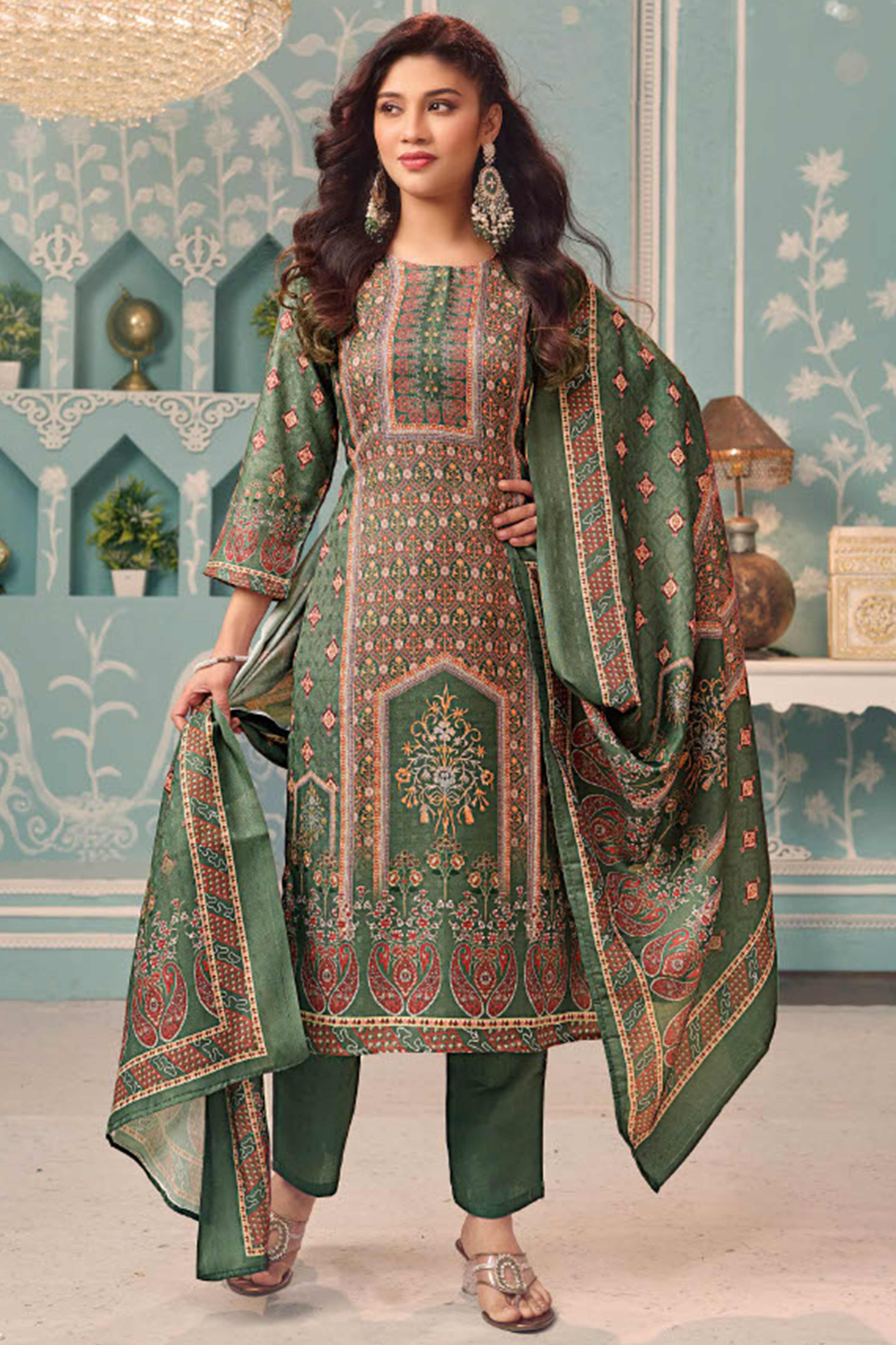Sage Green Stylish Floral Printed Pashmina Dress Material for Graceful Winter Outfits