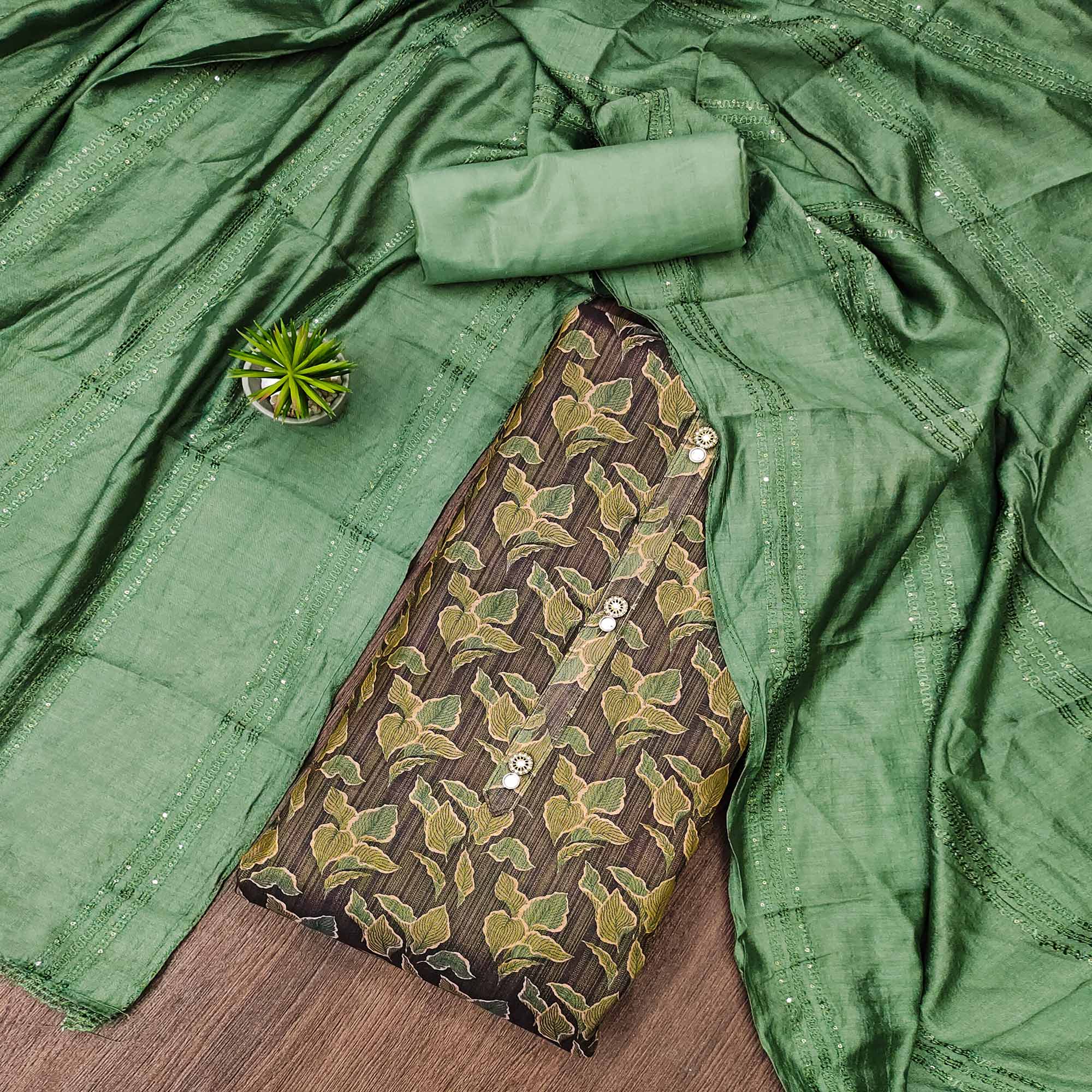 Brown Floral Printed Cotton Silk Dress Material