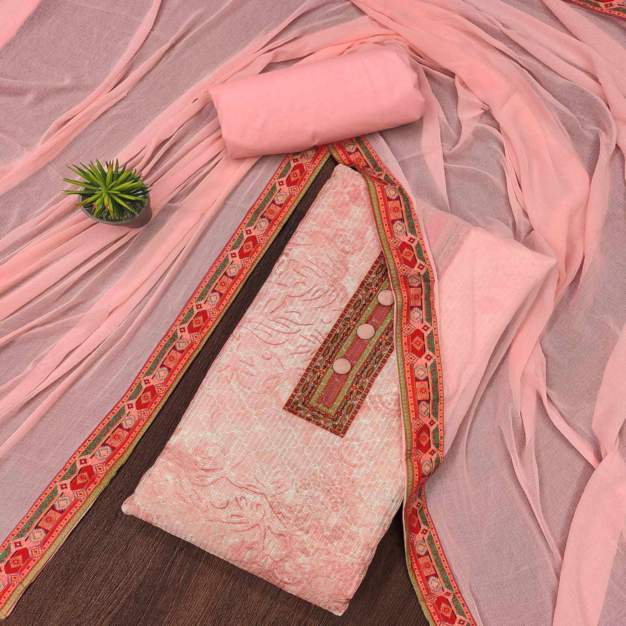 Peach Floral Printed Cotton Silk Dress Material