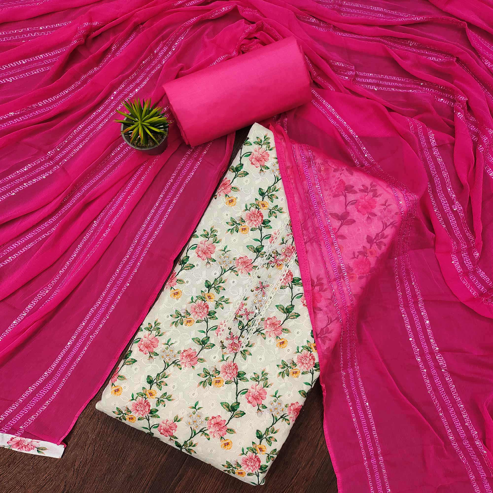 White & Rani Pink Printed With Embroidered Pure Cotton Dress Material