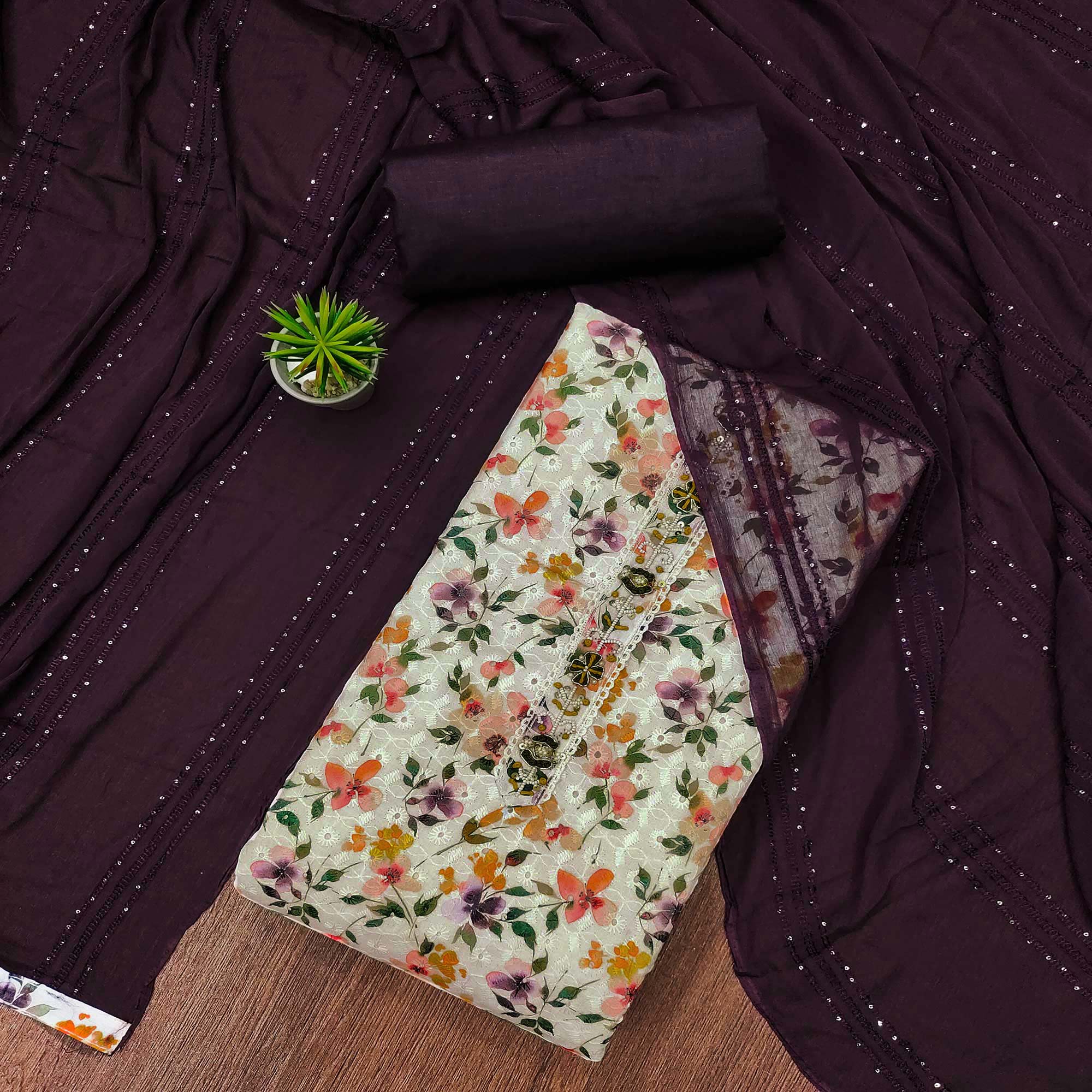 White & Wine Printed With Embroidered Pure Cotton Dress Material