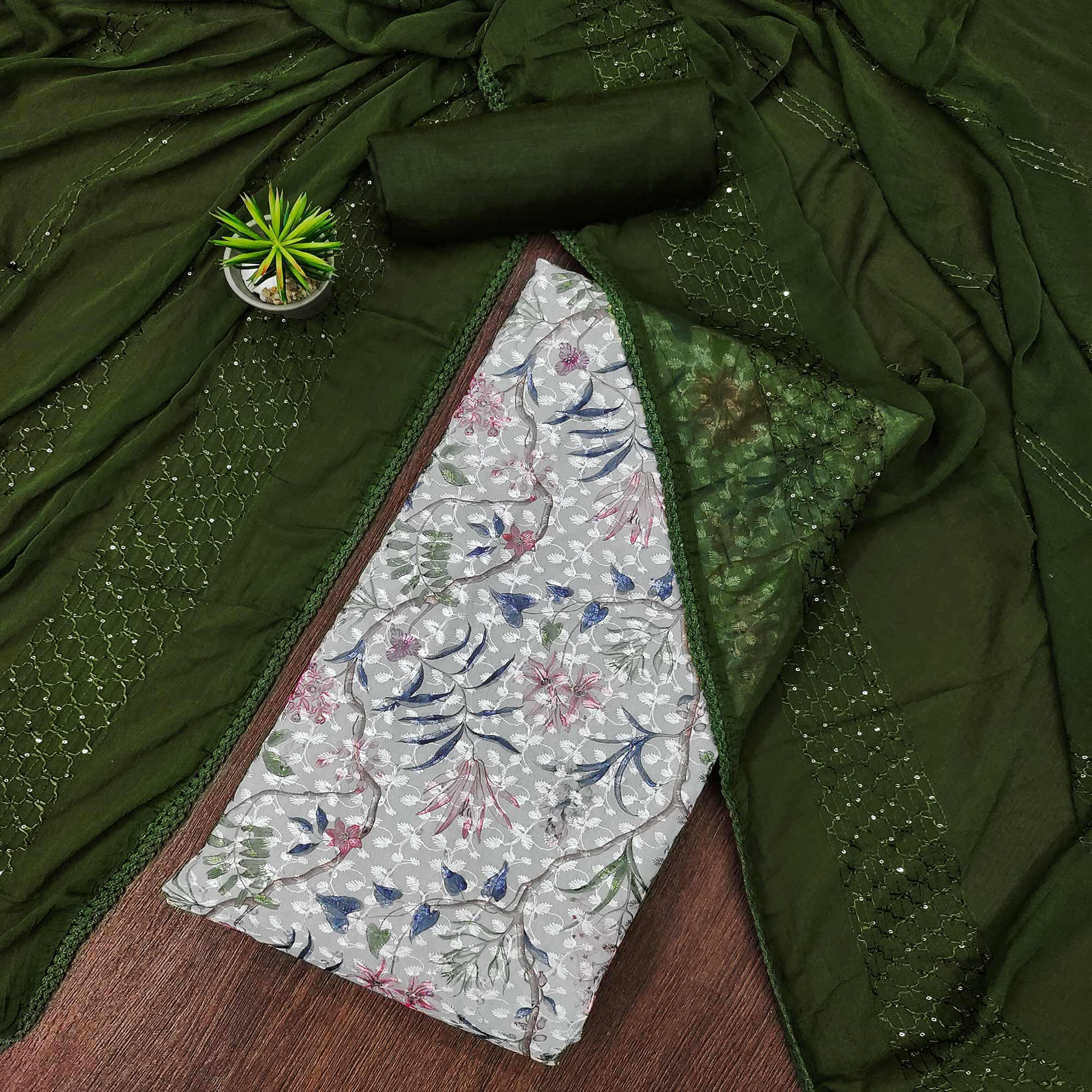 Grey Printed With Embroidered Georgette Dress Material